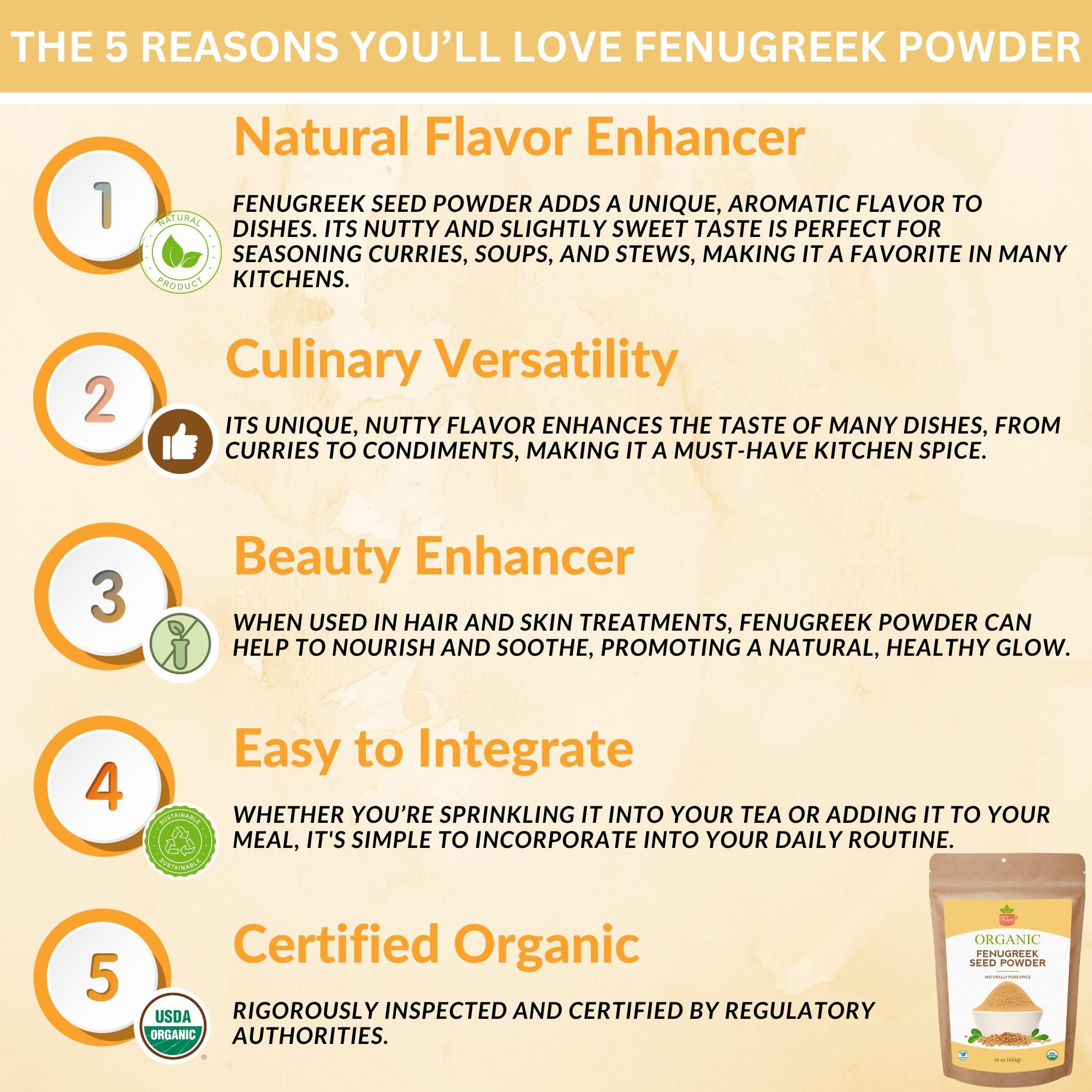 SPICY ORGANIC Fenugreek Powder - 8 OZ - USDA Certified Organic - Freshly Ground Indian Fenugreek Seeds for Hair, Tea & Robust Seasoning Spice in