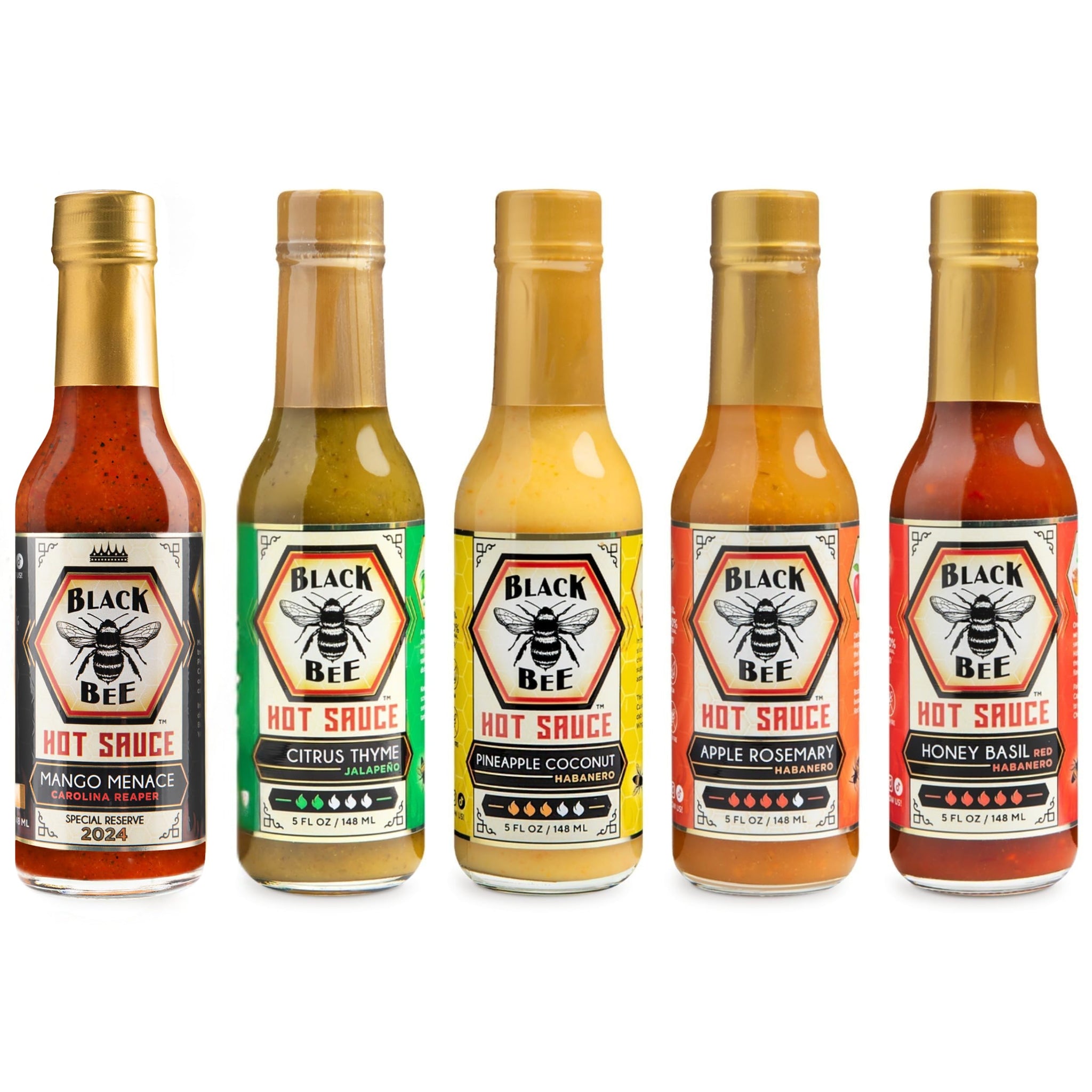 Black Bee Bee Hive Hot Sauce Gift Set (5 Pack) - Citrus Thyme Jalapeño, Pineapple Coconut & Habanero, Apple Rosemary & Habanero, Honey Basil & Red