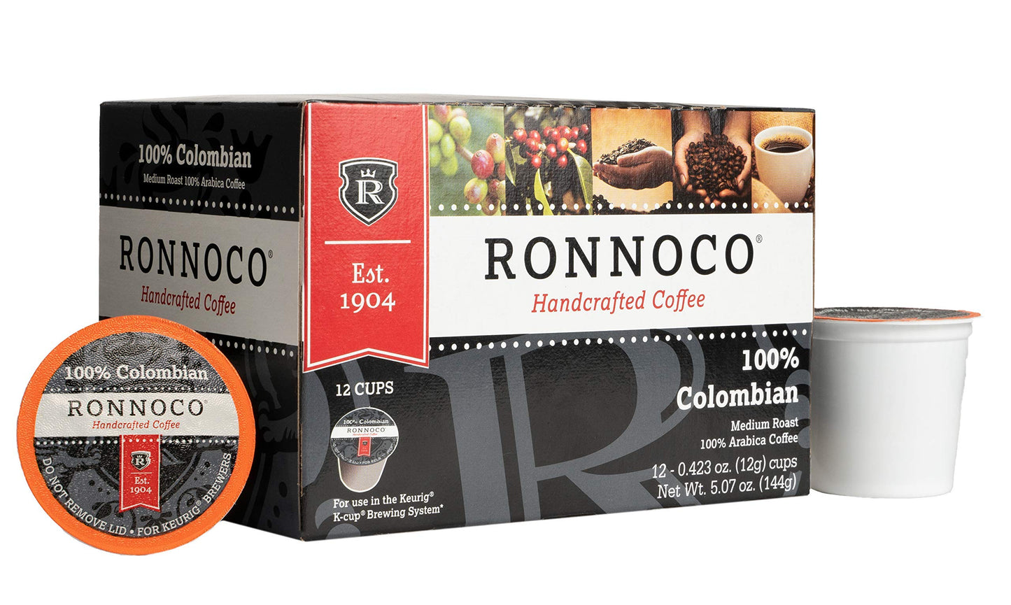 Ronnoco 100% Colombia Supremo Coffee | 12 Count | Handcrafted Medium Roast Coffee Pods | Single-Serve Cups for Coffee Maker at the Office, Hotel, or