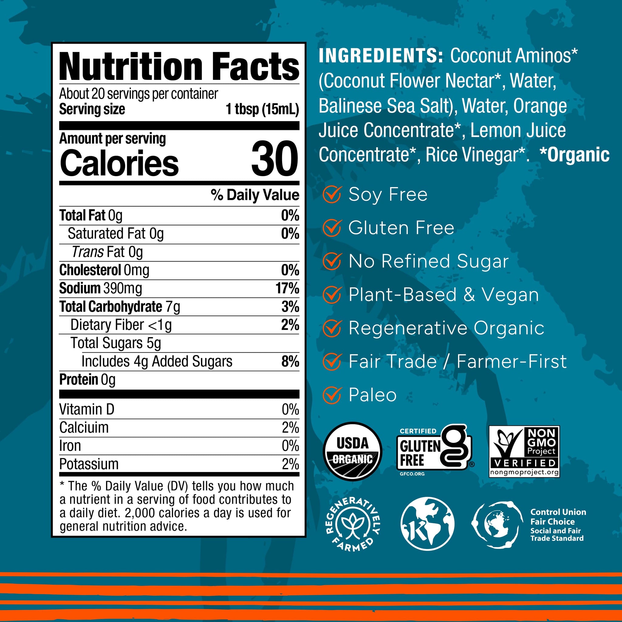 Big Tree Farms Organic Coco Aminos - Liquid Coconut Aminos, Soy-Free Sauce, Low Sodium, Soy Alternative, Gluten Free, Kosher, Marinade & Sauce