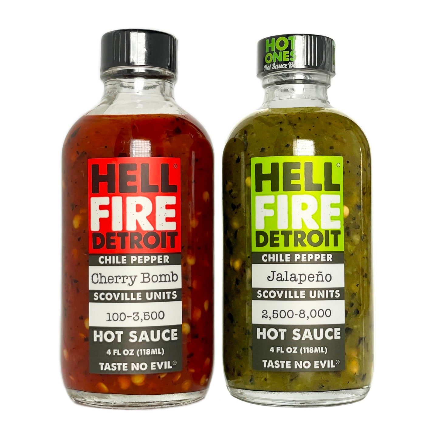 Hell Fire Detroit Cherry Bomb & Jalapeño Combo (Medium) Hot Sauce, Crafted with Fresh, Fire-Roasted Chile Peppers, All-Natural, Vegan, Gluten-Free