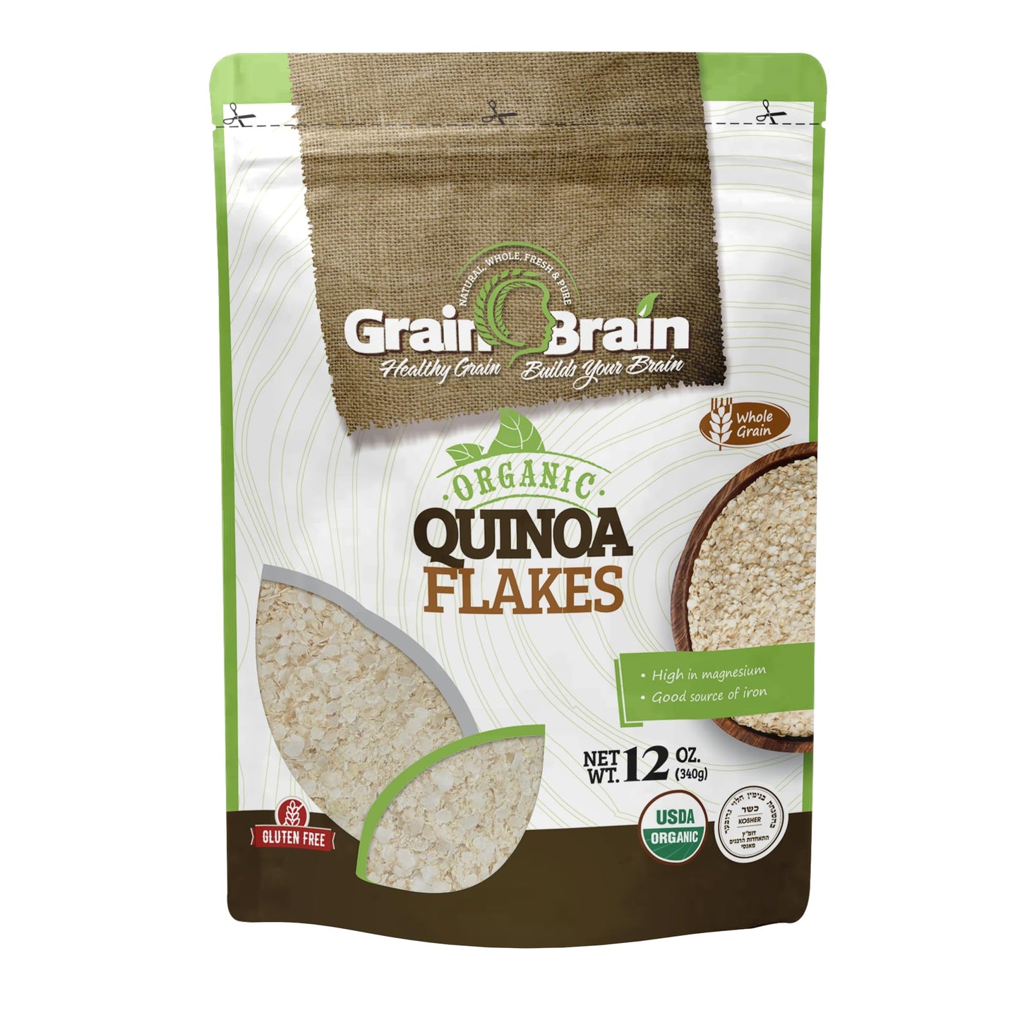 Grain Brain Organic Quinoa flakes (12 ounces) Gluten Free, Vegan plant BAsed, Whole Grain Cereal, Great oatmeal substitute, packed in resealable pouch bags