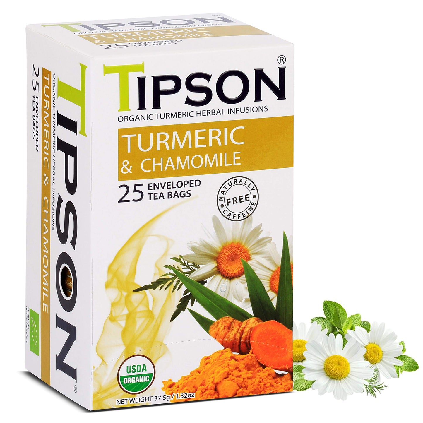 Tipson Organic Turmeric Caffeine Free Herbal Tea - Turmeric & Organic Chamomile - 25 Foil Enveloped Double Chambered Bags - Keto/Paleo