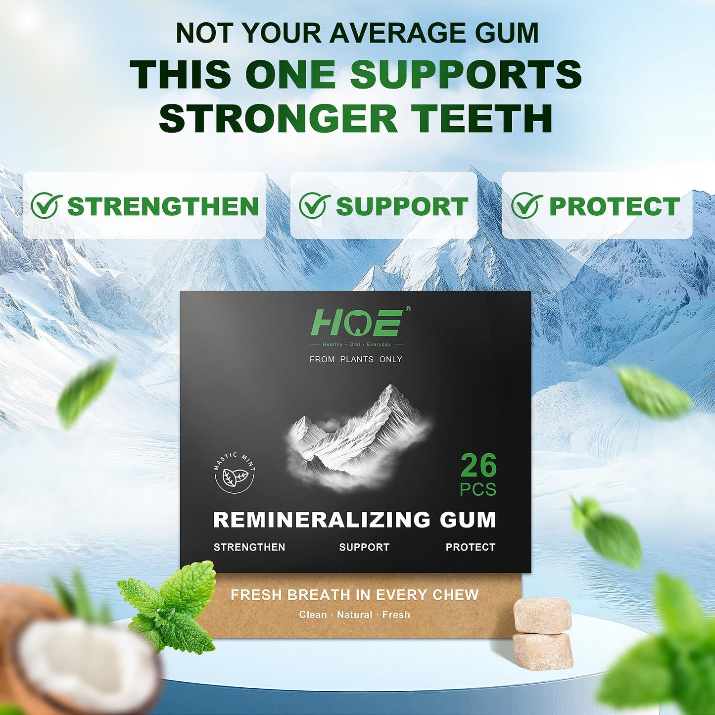 Remineralizing Gum with Nano Hydroxyapatite - Sugar-Free Xylitol Gum - Plastic-Free, Dye-Free, Aspartame-Free - Natural Base -26 Pieces, Mastic Mint