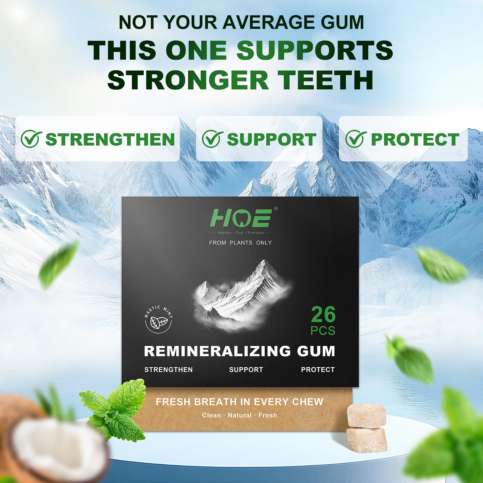 Remineralizing Gum with Nano Hydroxyapatite - Sugar-Free Xylitol Gum - Plastic-Free, Dye-Free, Aspartame-Free - Natural Base -26 Pieces, Mastic Mint