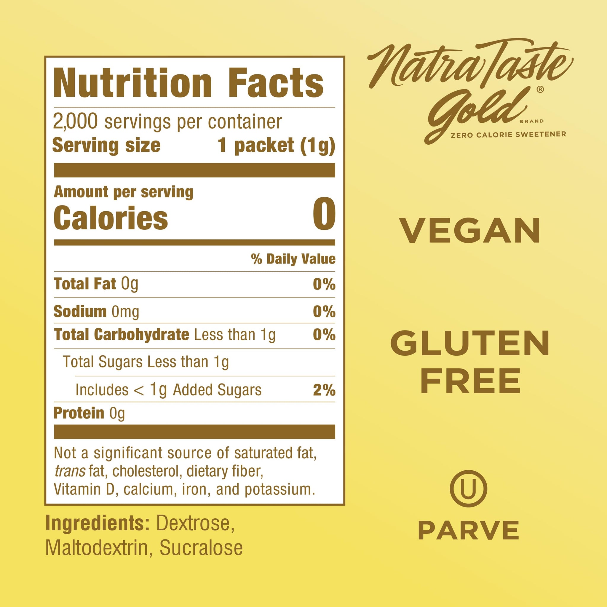 NatraTaste Gold Zero Calorie Sucralose Sweetener Packets, 2000 Ct., Gluten Free, Vegan, Sugar Substitute for Hot and Cold Drinks, Coffee, Iced Tea, Baking and More