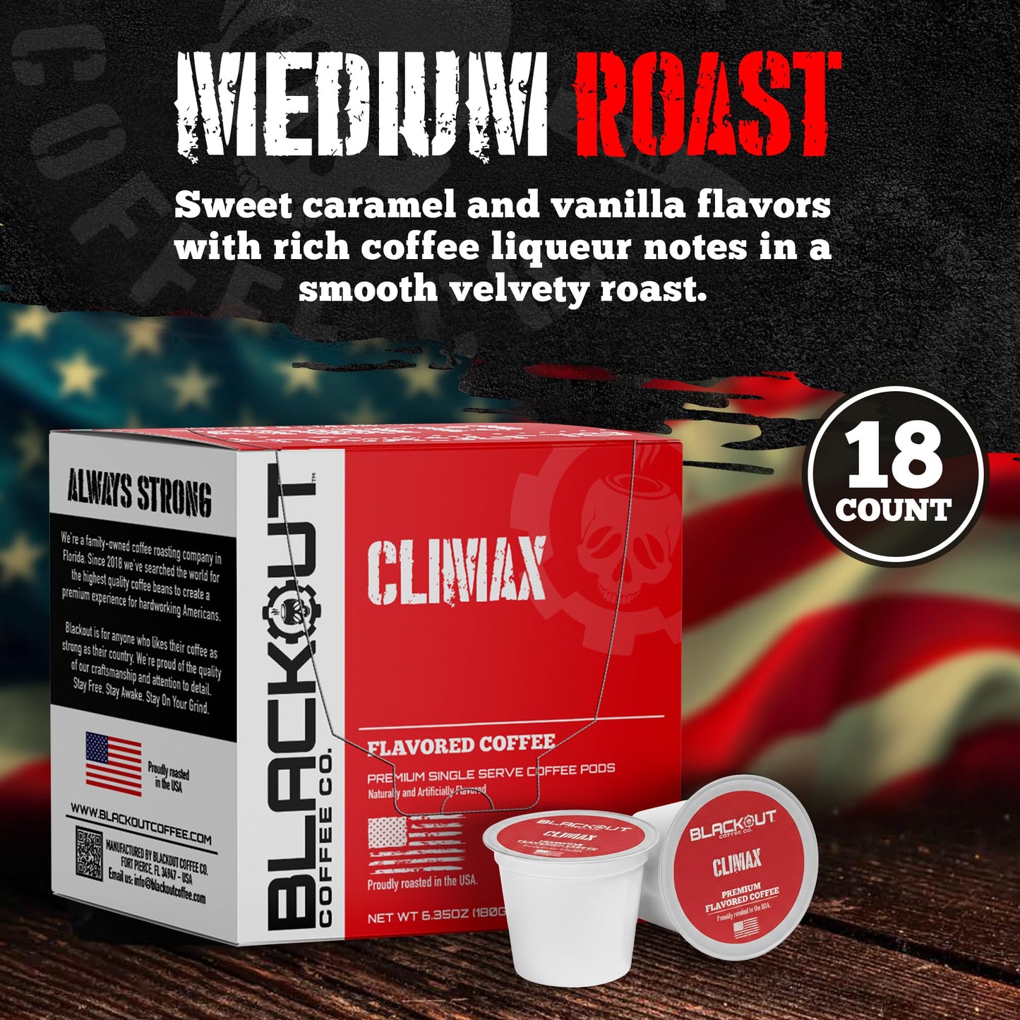 Blackout Coffee CLIMAX Amaretto, Irish Cream & Kahlua Flavored Coffee Pods - Premium Arabica, Smooth Taste, Guilt-Free Indulgence - 18 Count Single