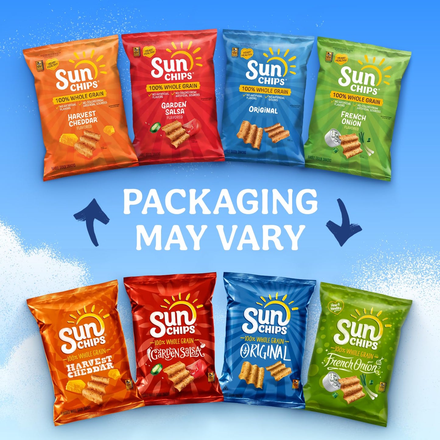 SunChips 100% Whole Grain Chips, Harvest Cheddar, 1 oz Bags, Pack of 104, No Artificial Flavors, No Colors from Artificial Sources