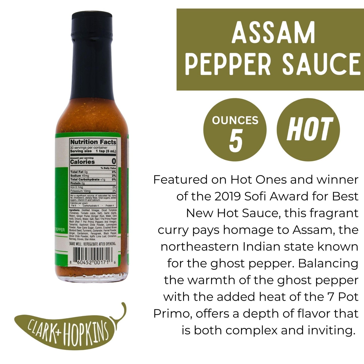 Clark + Hopkins Assam Pepper Sauce, Ghost Pepper Curry and 7 Pot Primo Chili Flavored Hot Sauce, Traditional Assamese Cuisine, 5 Ounce (1 Pack)