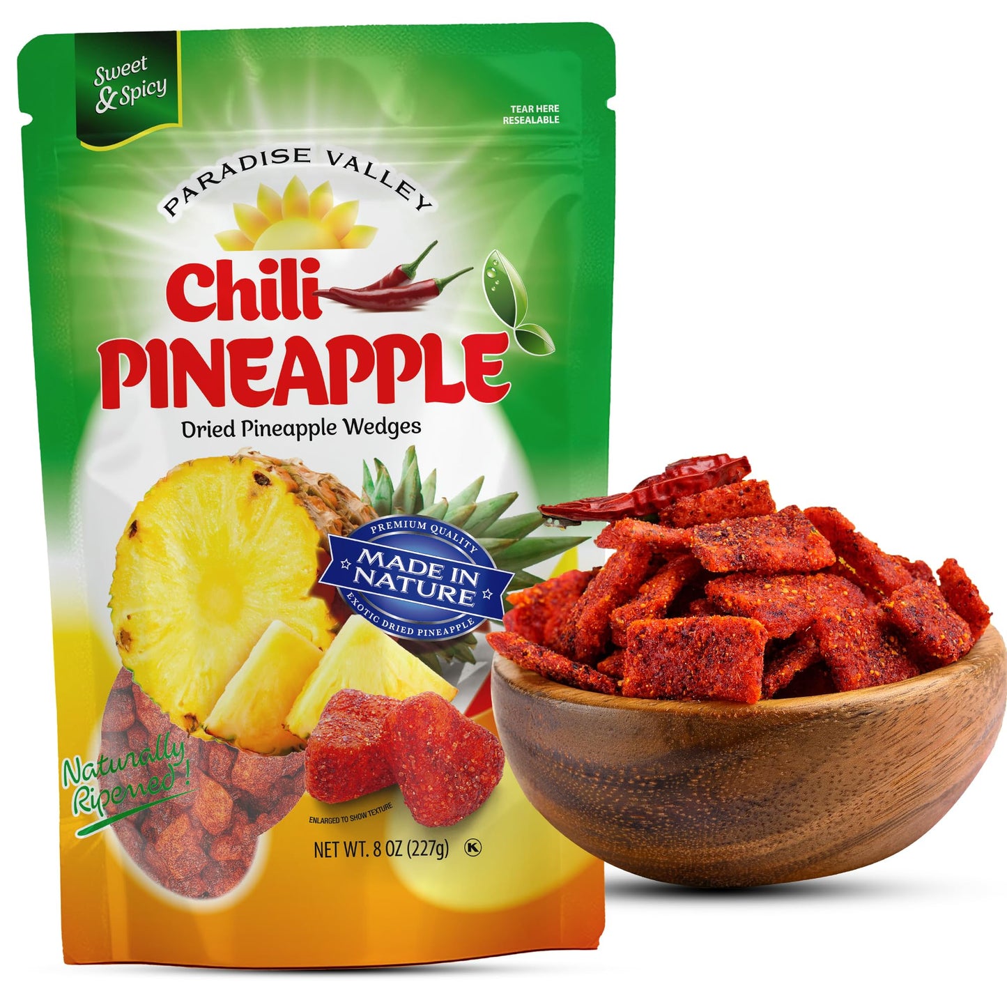 Dried Chili Pineapple Original Flavor,100% Vagan, Non-GMO, Glutten Free (All Natural Ingredients) Reseable Bag (8 OZ)
