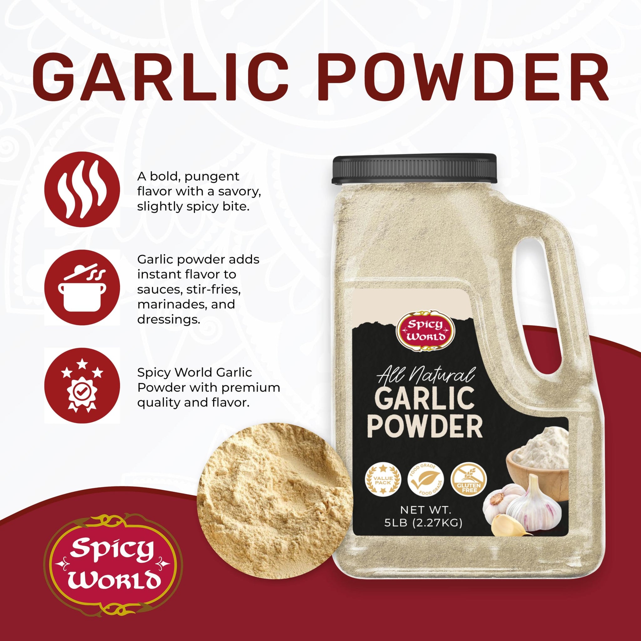 Spicy World Garlic Powder 5 LB Jar - Gluten Free, Bulk Ground Dehydrated Garlic, Non-GMO, Strong Flavor for Cooking, Seasoning, and Spice Blends