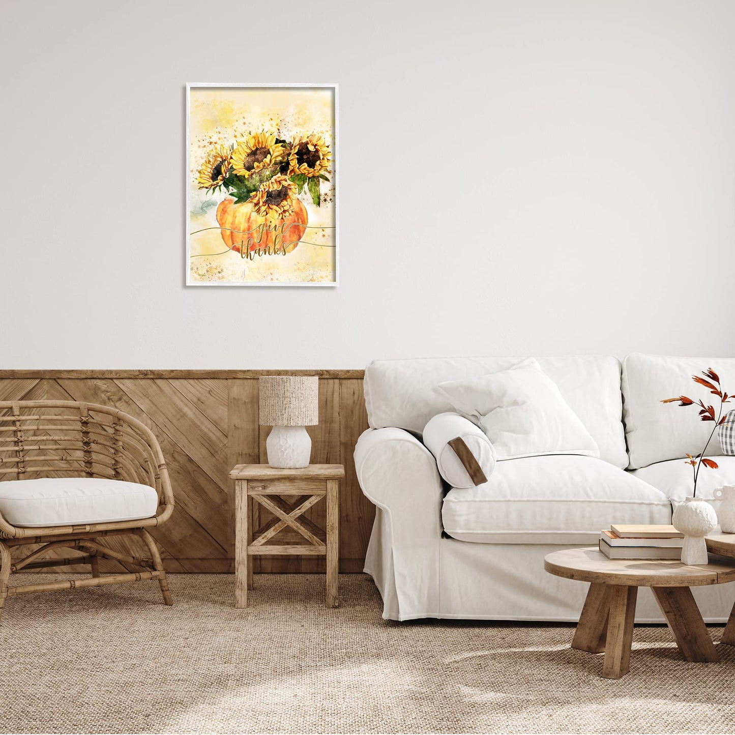 Stupell Industries Give Thanks Phrase Orange Pumpkin Sunflower Floral Burst, Design by Ziwei Li