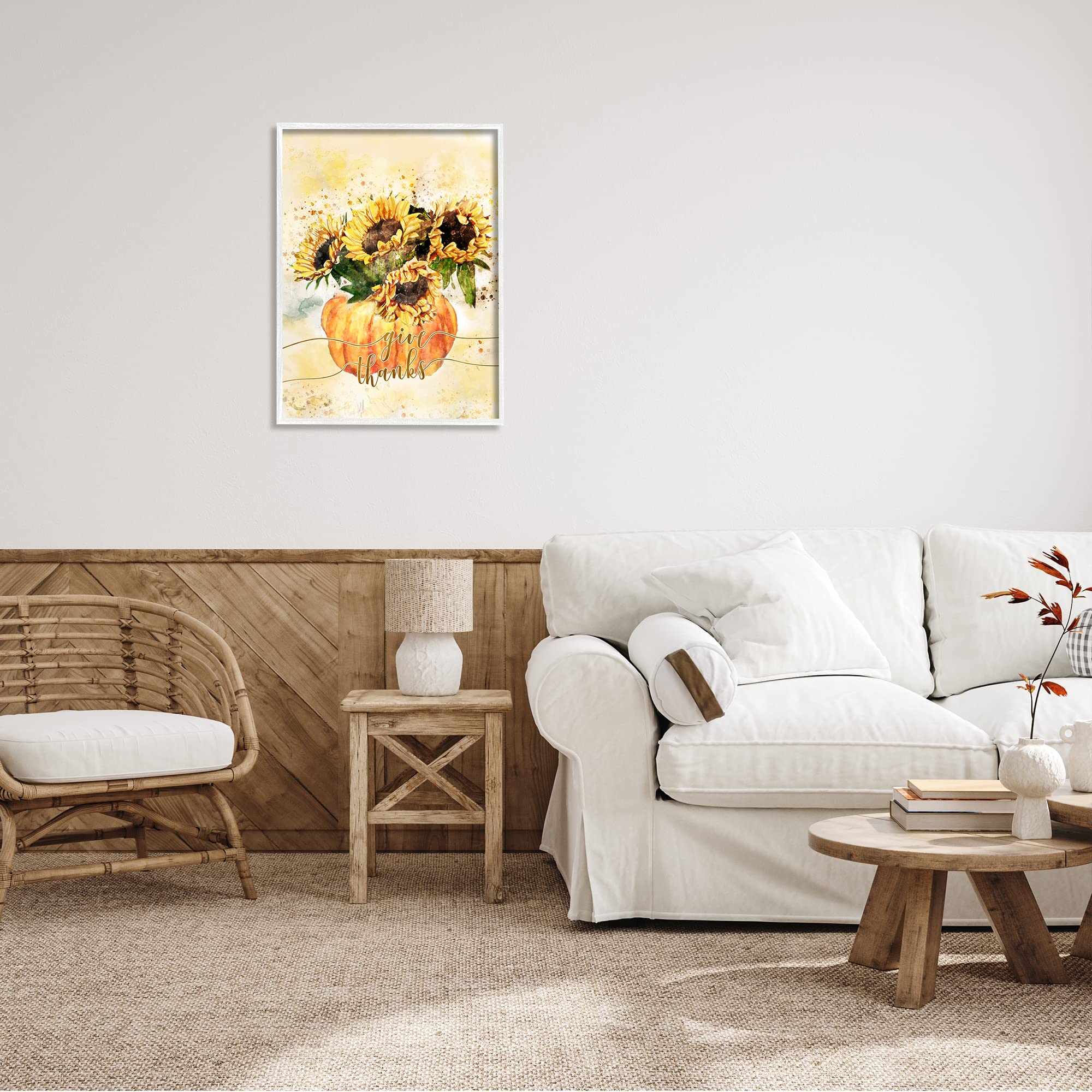 Stupell Industries Give Thanks Phrase Orange Pumpkin Sunflower Floral Burst, Design by Ziwei Li
