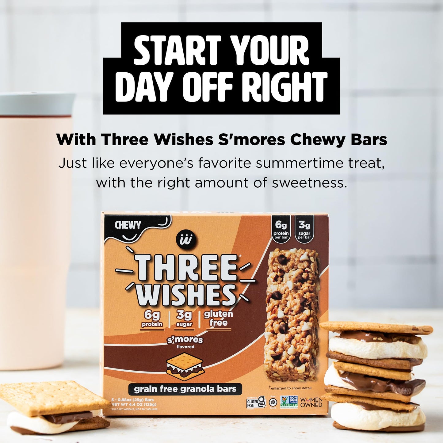 Three Wishes Chewy Granola Bars, S'mores (12-Pack) - Gluten & Grain-Free Soft Snack Food Bar with 6g Protein, 3g Sugar - Healthy Breakfast & On-the-Go