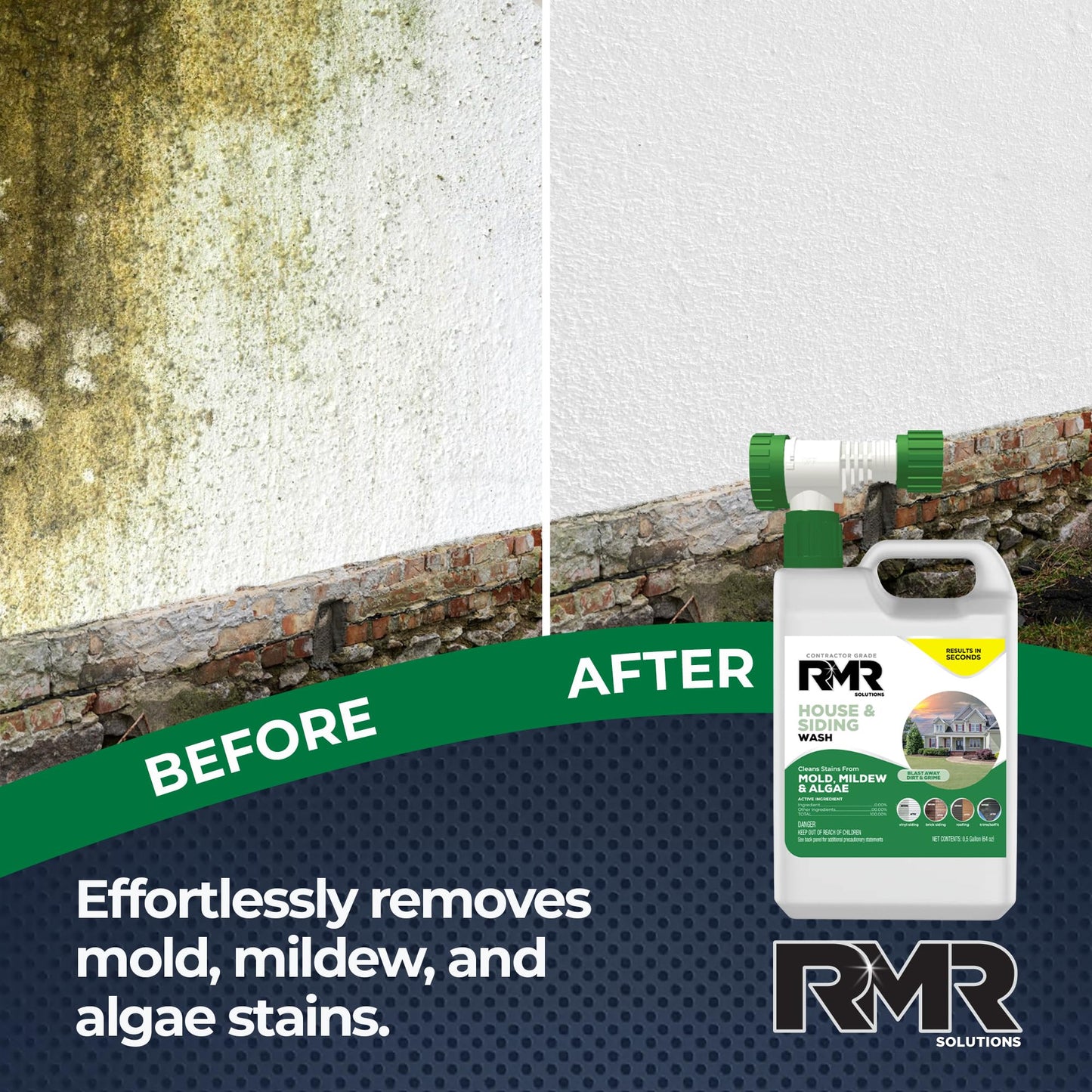 RMR House and Siding Wash - Commercial-Grade Outdoor Stain Remover for Mold, Mildew, and Algae, 64 Ounce Bottle With Hose-End Adapter