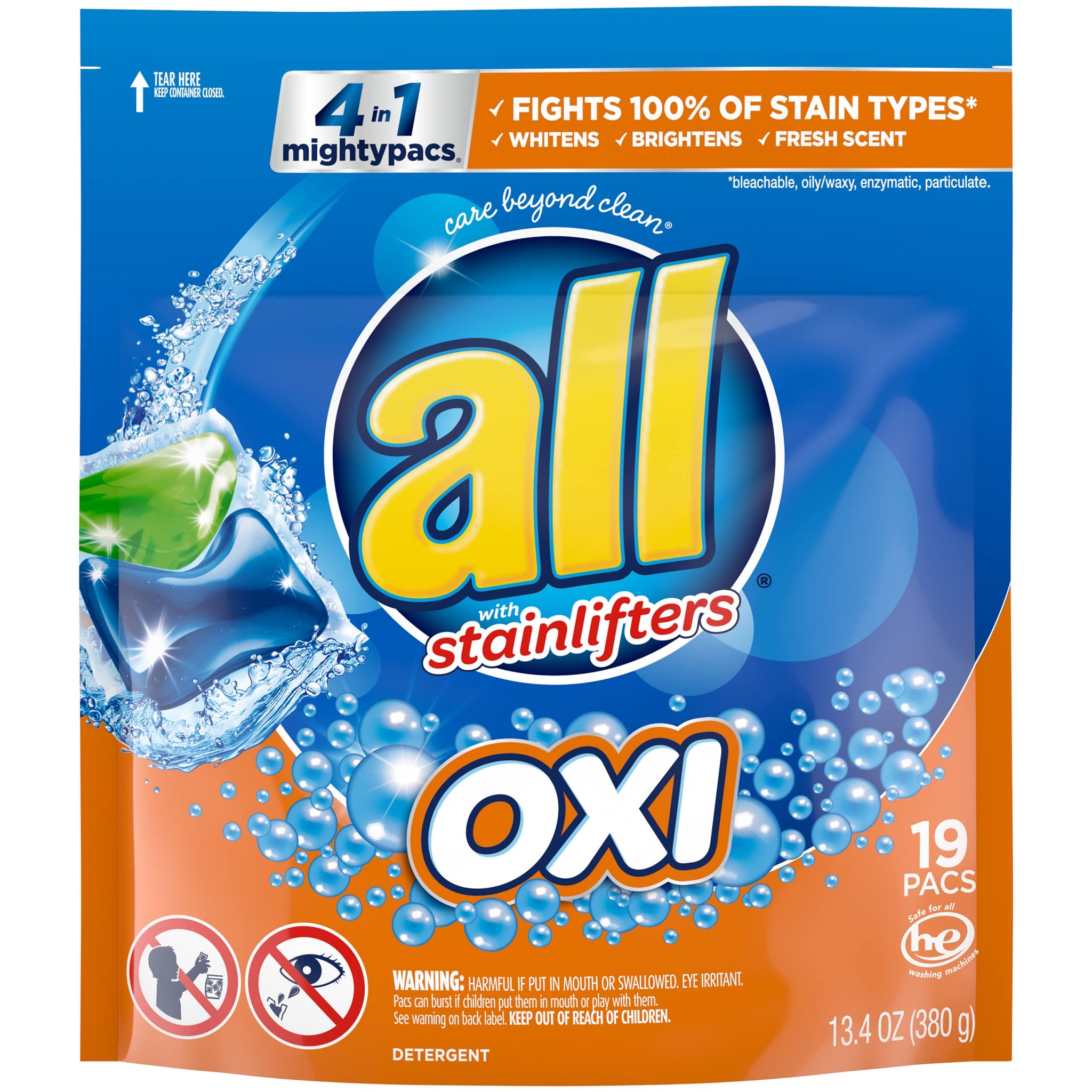 All Oxi Mighty Pacs Laundry Detergent, 4 in 1 with Oxi Stain Removers and Whiteners, One Pouch, 19 Count