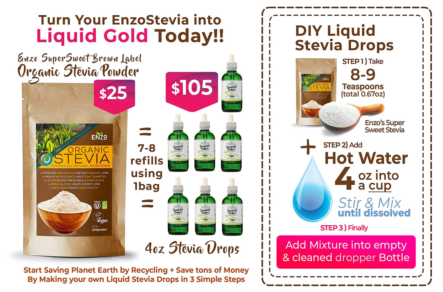 Enzo Organic Stevia Powder 125g (4.4oz / 3125-Servings) - Premium USDA Certified All Natural Alternative-Sweetener 320x Sugar Free Non-GMO 0 Calories Vegan No Aftertaste Kosher