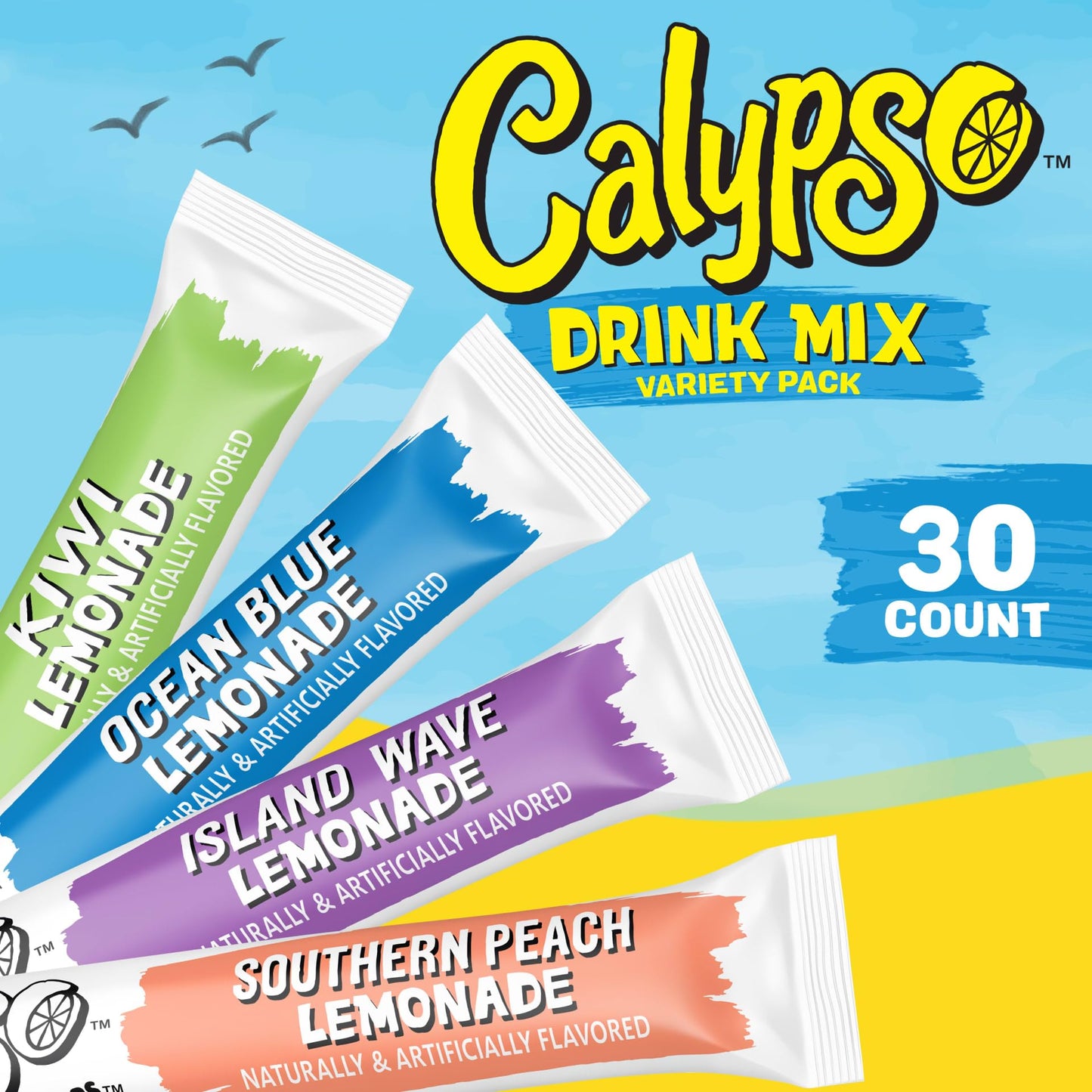 Calypso Singles To Go! Drink Mix Variety Pack - On-the-Go Powdered Drink Mix Packets - Low Calorie Water Enhancer - Island Wave, Kiwi, Southern Peach
