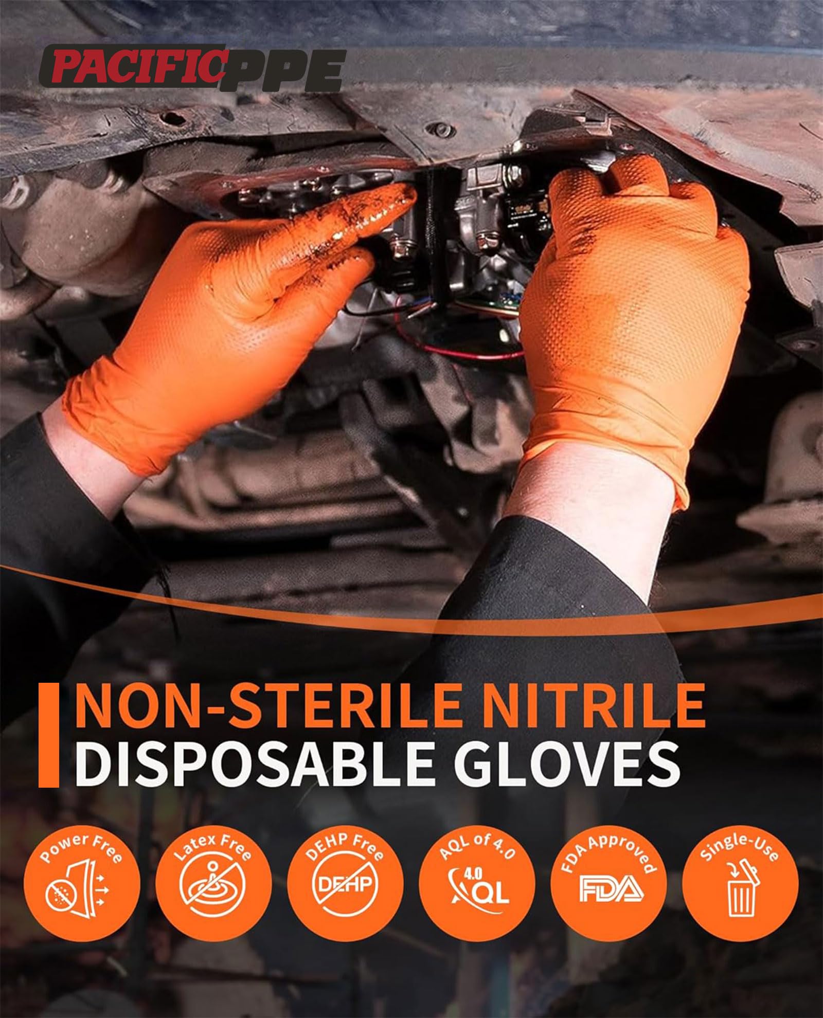PACIFIC PPE 8 Mil Heavy-Duty Strength Nitrile Gloves, Chemical Resistant, Diamond Texture Industrial Disposable Gloves, Orange, 100PCs, X-Large