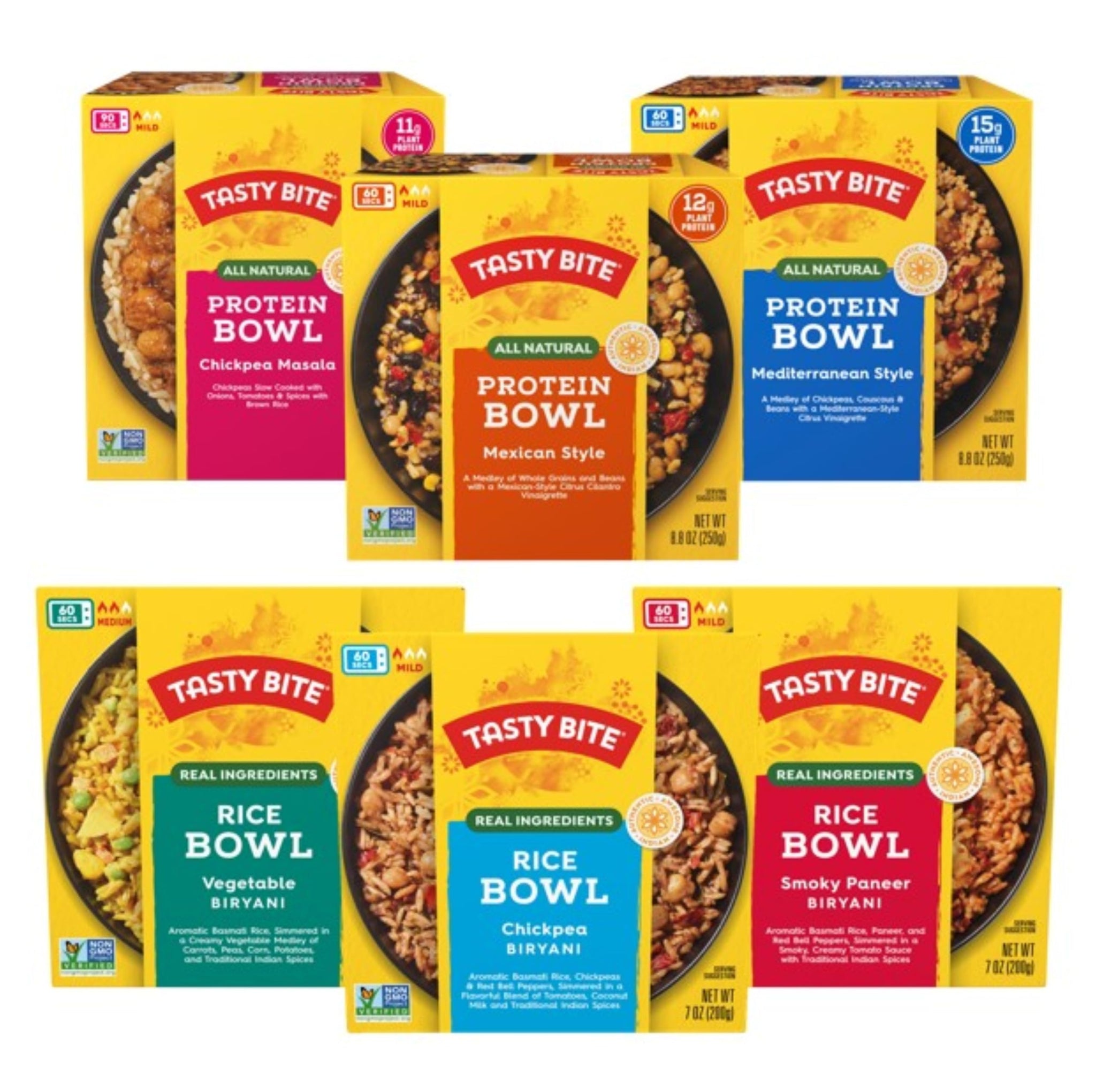 Tasty Bite Bowls Variety, Pack of 6, Mexican Protein, Mediterranean Protein, Indian Protein, Chickpea Biryani, Smoky Paneer Biryani, Vegetable Biryani