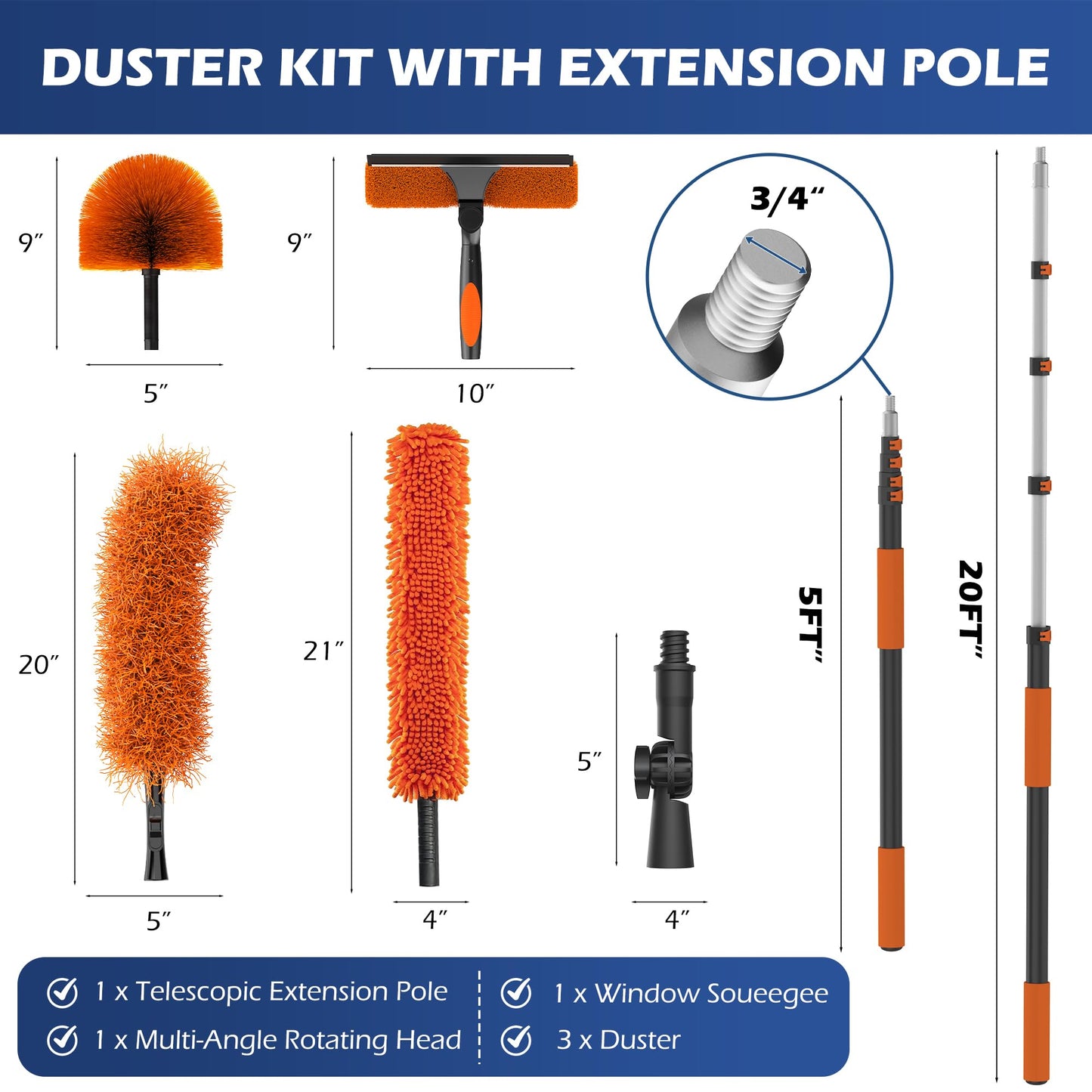 TONYINGO 26FT High Reach Duster Kits with 5-20FT Extension Pole, Cobweb Duster with Telescoping Pole, Washable Ceiling Fan Cleaner & Window Squeegee