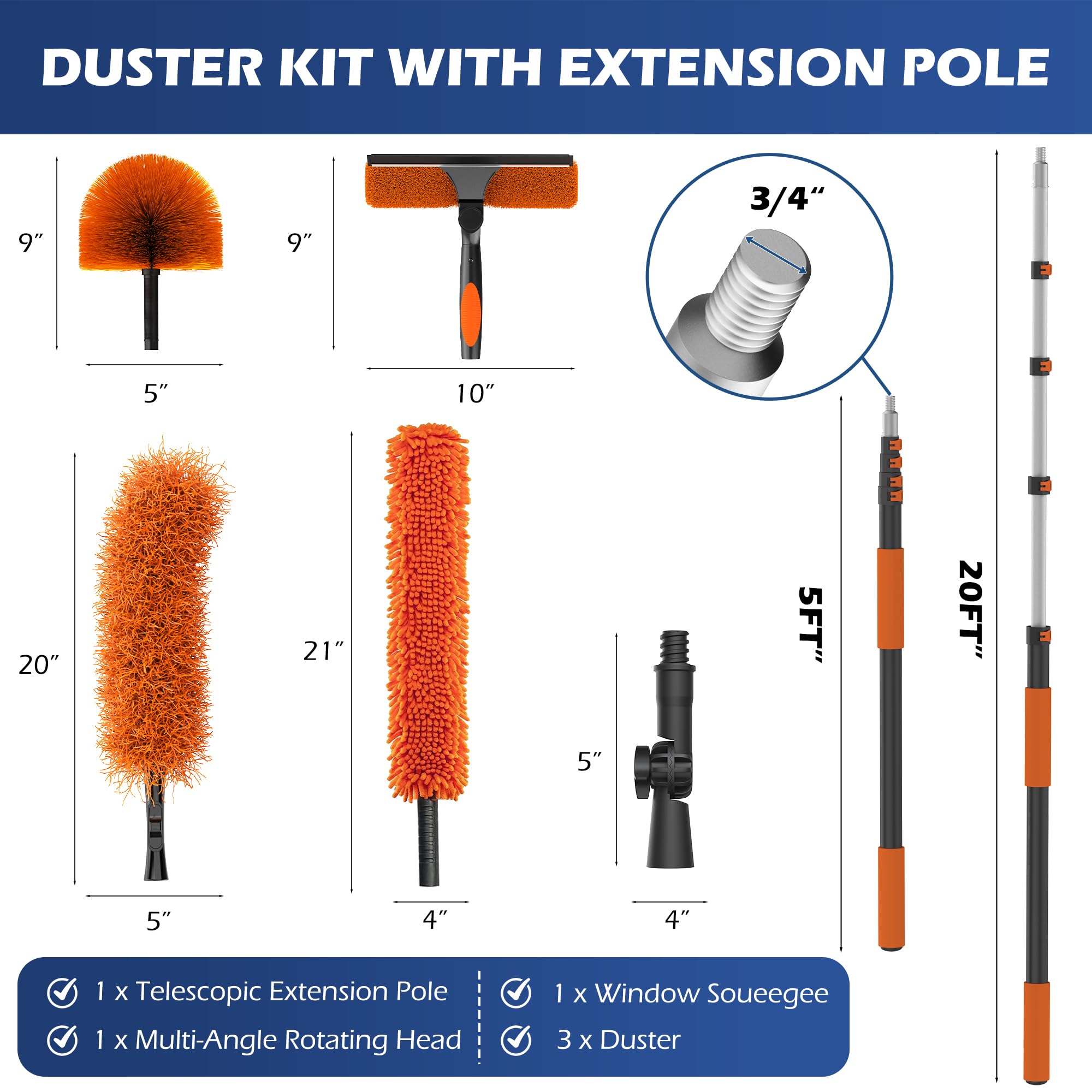 TONYINGO 26FT High Reach Duster Kits with 5-20FT Extension Pole, Cobweb Duster with Telescoping Pole, Washable Ceiling Fan Cleaner & Window Squeegee