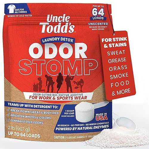 Uncle Todd’s Bio Enzyme Laundry Booster - 2 lb (64 Loads) Odor Stomp Laundry Sanitizer Additive - Clothes Stain Remover - Removes Sweat, Body Odor