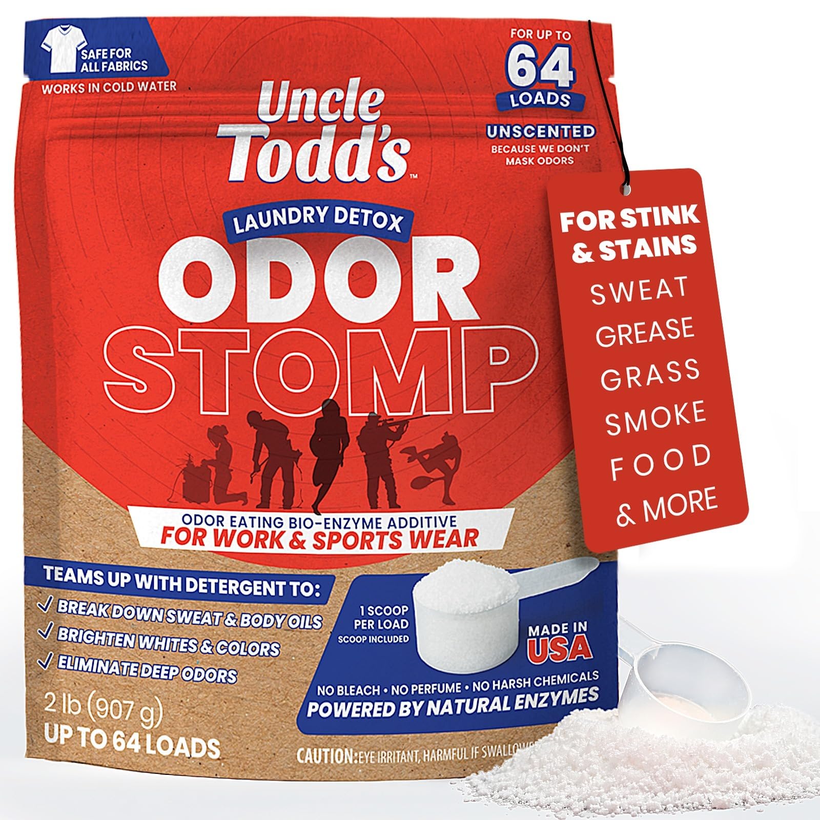 Uncle Todd’s Bio Enzyme Laundry Booster - 2 lb (64 Loads) Odor Stomp Laundry Sanitizer Additive - Clothes Stain Remover - Removes Sweat, Body Odor