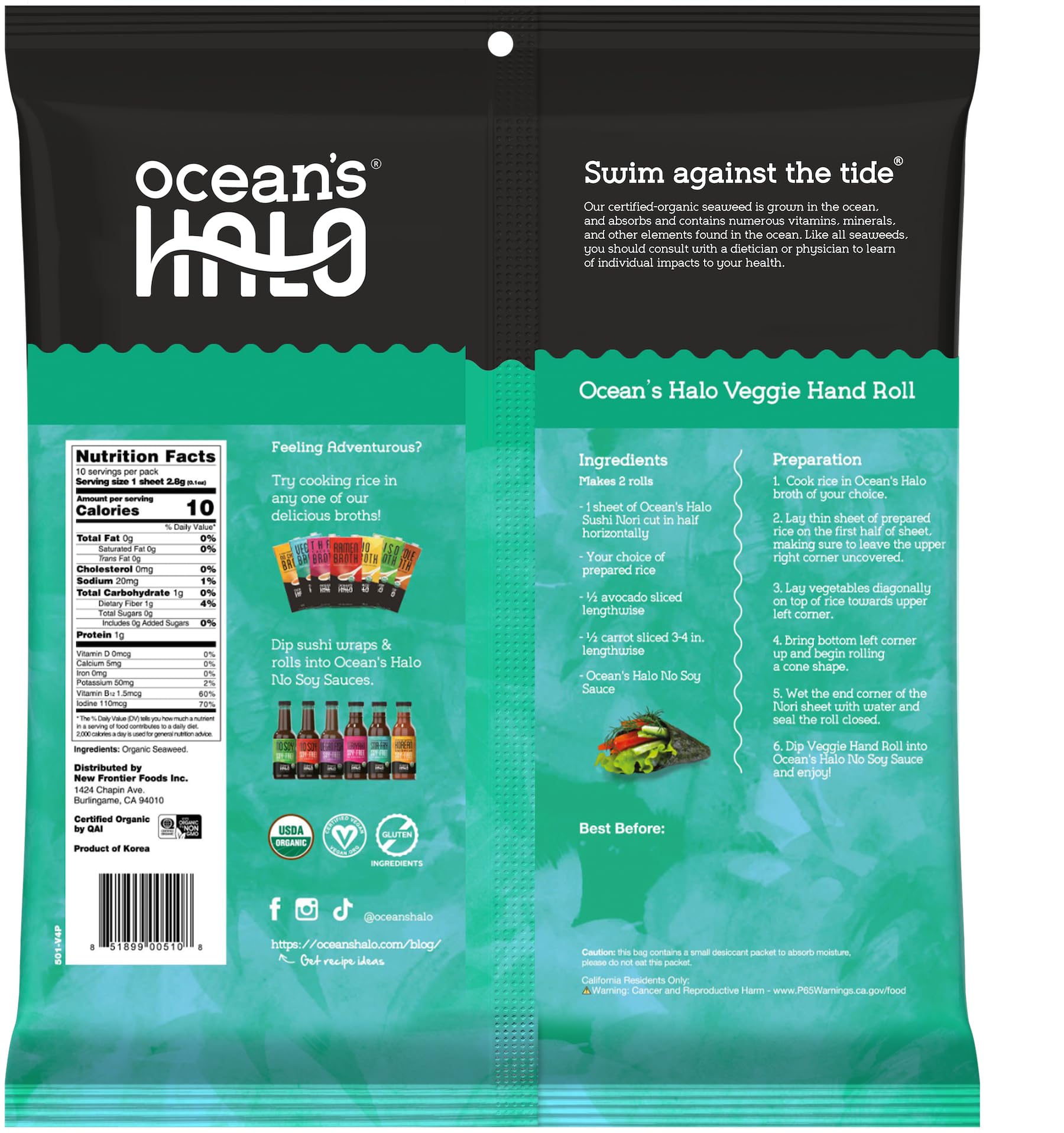 Ocean's Halo Organic Sushi Nori, 5 Pack, Vegan, Perfect for Rolls and Wraps