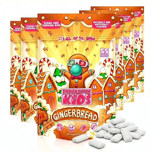 Bubblegum Kids Gingerbread Sugar Free Gum | Sugarless Gum with Xylitol | Vegan, Low Calorie Candy Alternative for Kids & Adults | Christmas Theme |