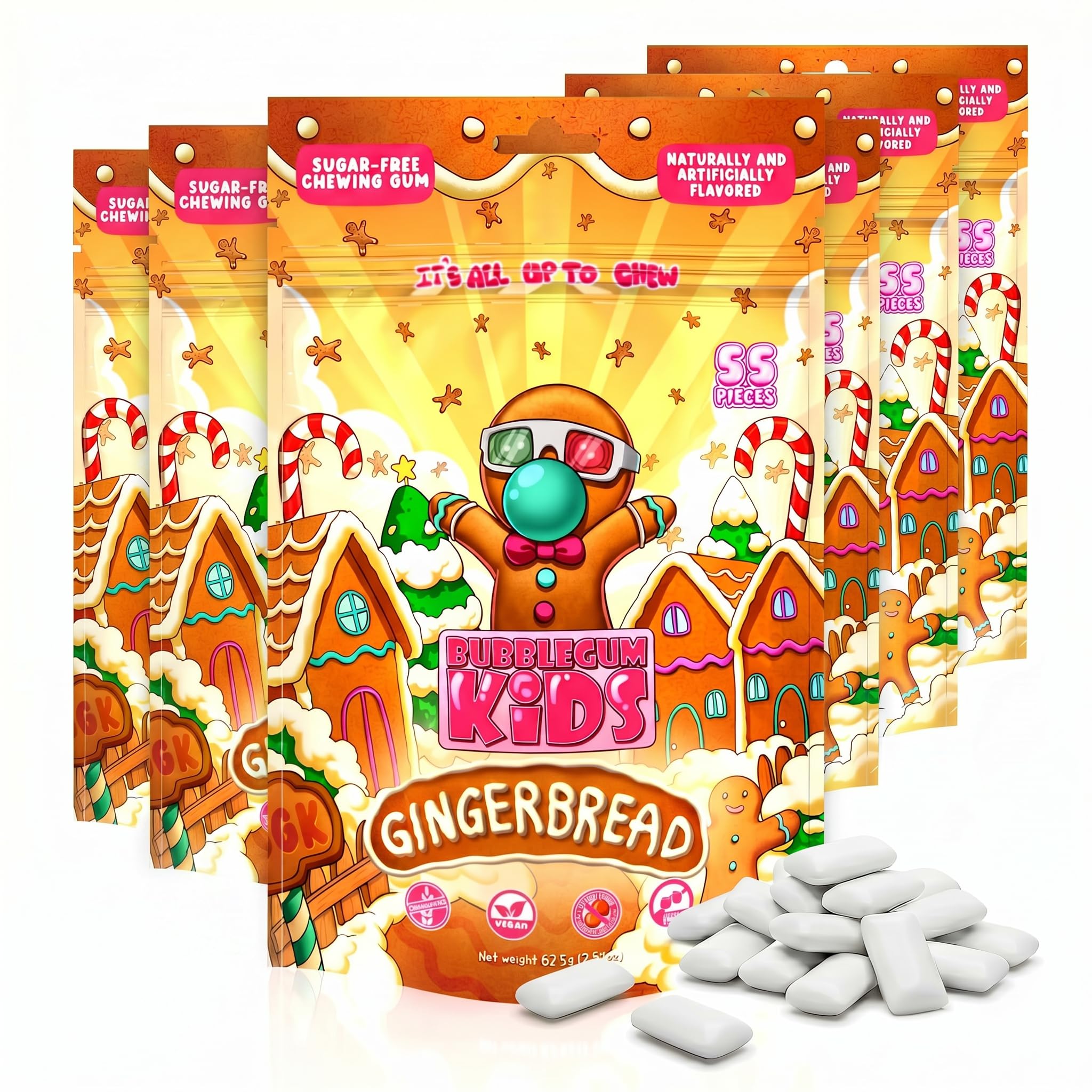 Bubblegum Kids Gingerbread Sugar Free Gum | Sugarless Gum with Xylitol | Vegan, Low Calorie Candy Alternative for Kids & Adults | Christmas Theme |