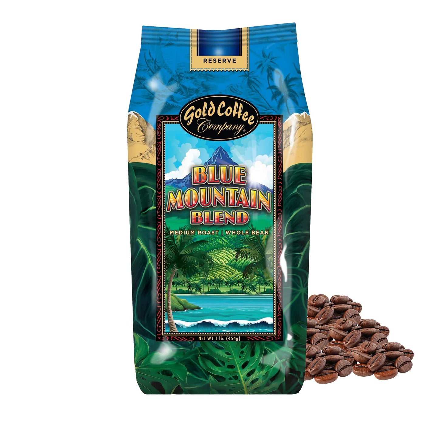 Gold Coffee Co. Blue Mountain Premium Blend - Medium Roast, Whole Bean 100% Arabica Coffee - Notes of Cocoa, Sweet Honey, Citrus 1 lb.