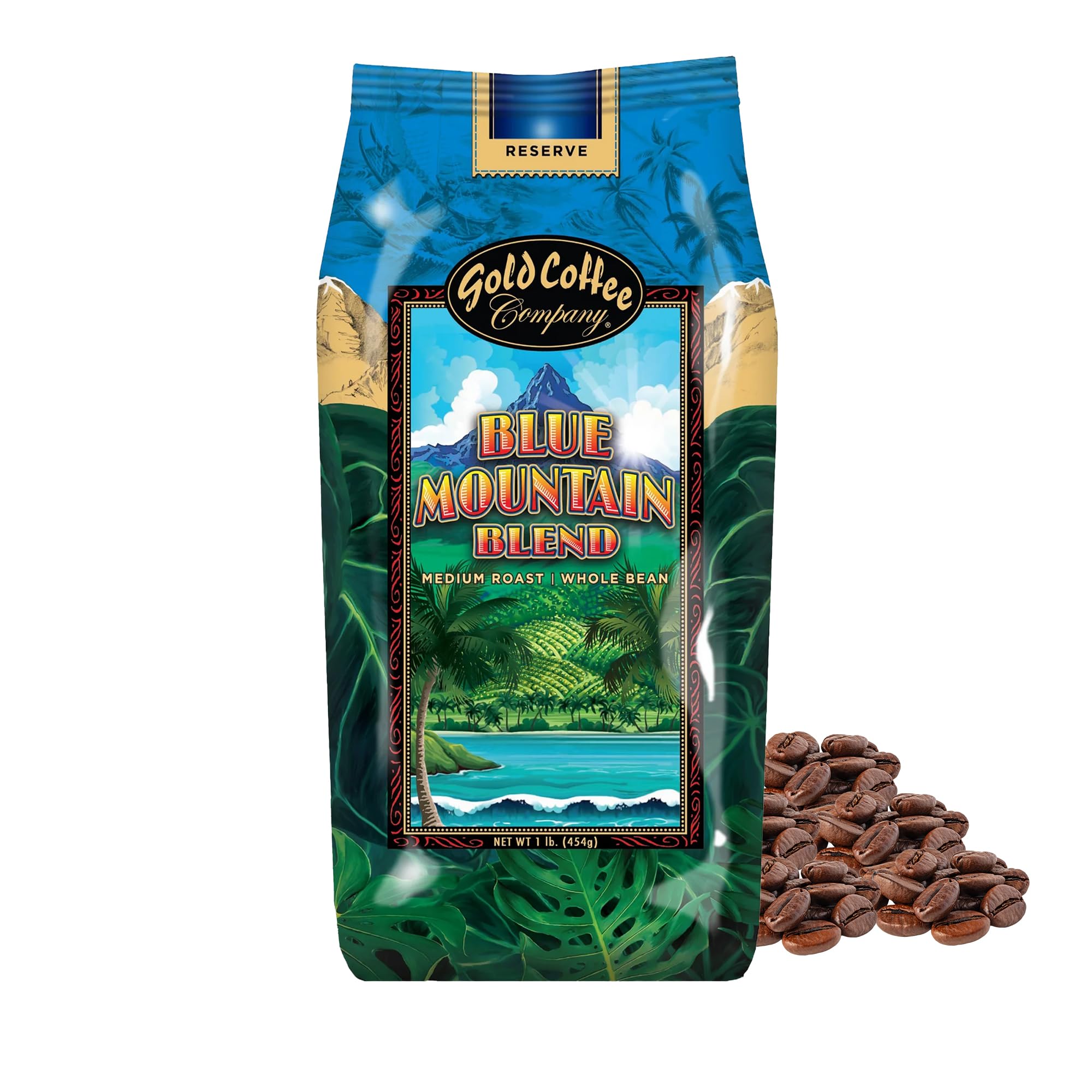 Gold Coffee Co. Blue Mountain Premium Blend - Medium Roast, Whole Bean 100% Arabica Coffee - Notes of Cocoa, Sweet Honey, Citrus 1 lb.