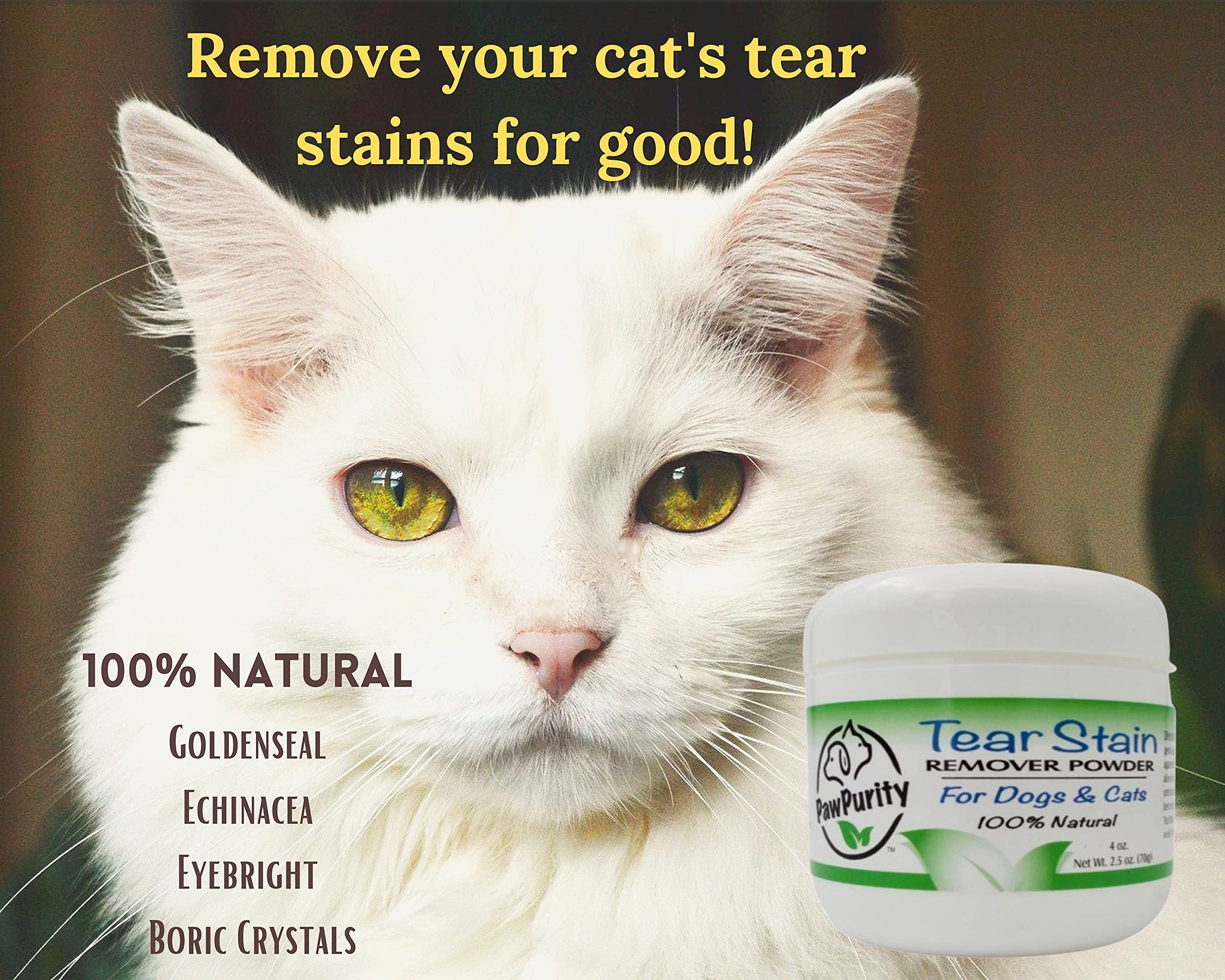 PawPurity Tear Stain Remover Kit for Cats | Includes Tear Stain Remover Solution, Powder and Application Pads | 100% Natural | Tear Stain Removal