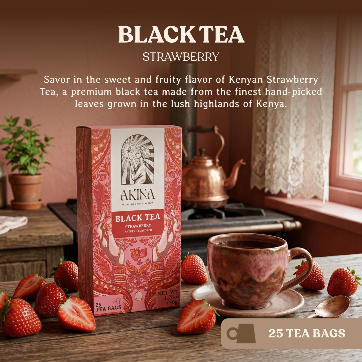 AKINA - Strawberry Flavored Black Tea Bags, Individually Wrapped, Fruity String and Tag Kenyan Strawberry Tea Bags, Sweet with Uplifting Aroma (Box
