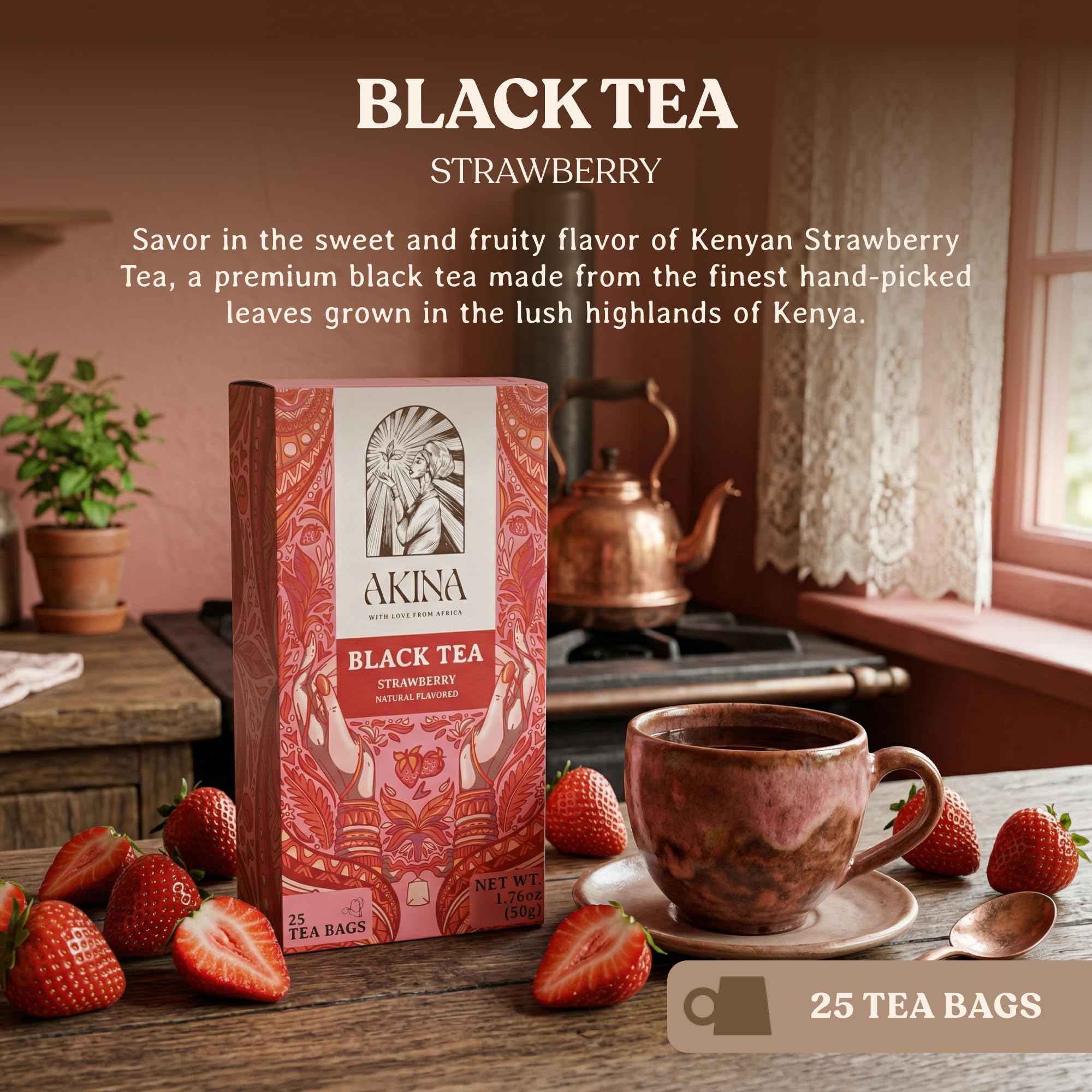 AKINA - Strawberry Flavored Black Tea Bags, Individually Wrapped, Fruity String and Tag Kenyan Strawberry Tea Bags, Sweet with Uplifting Aroma (Box