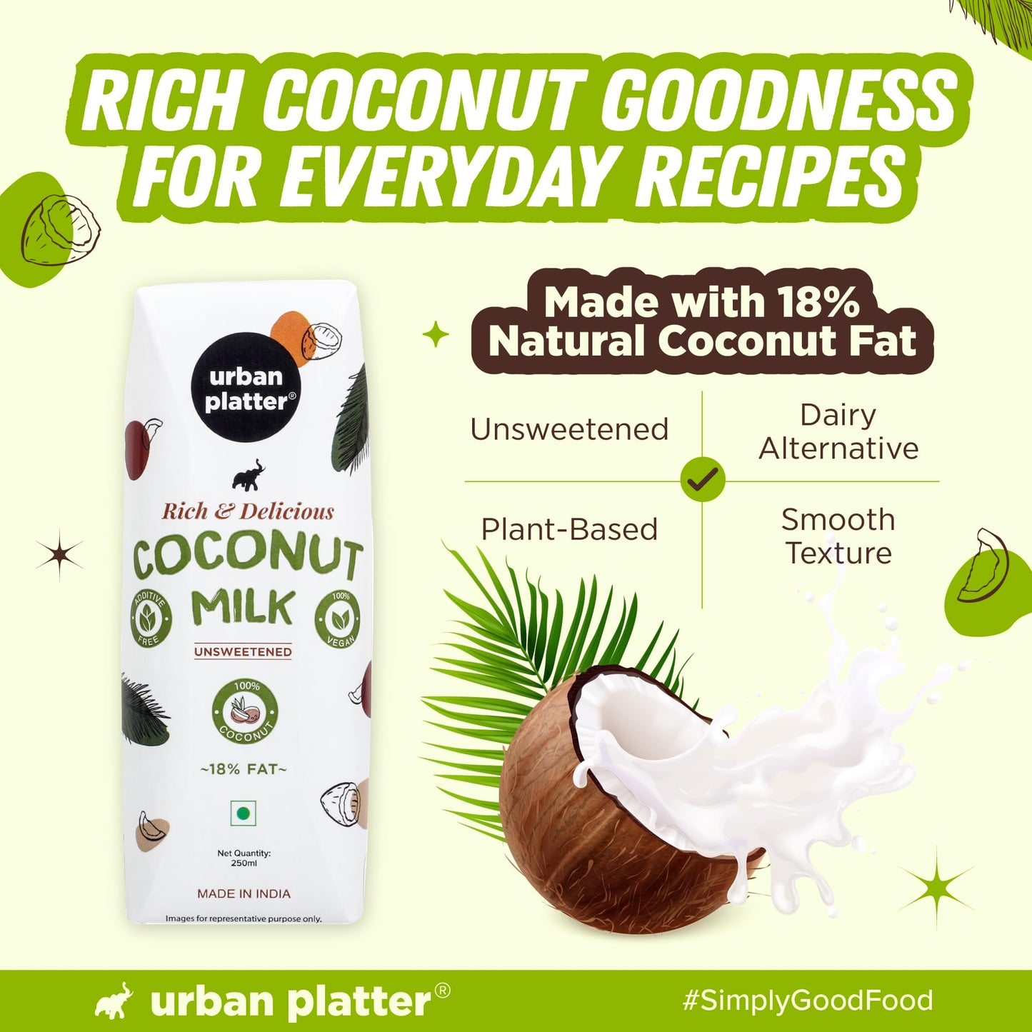 Urban Platter Unsweetened Coconut Milk 8.45 Fl Oz (Pack of 3) | Plant Based & Dairy Free | Creamy & Delicious | Ideal For Drinks, Curries, Pudding, Desserts, Baking Goods & More
