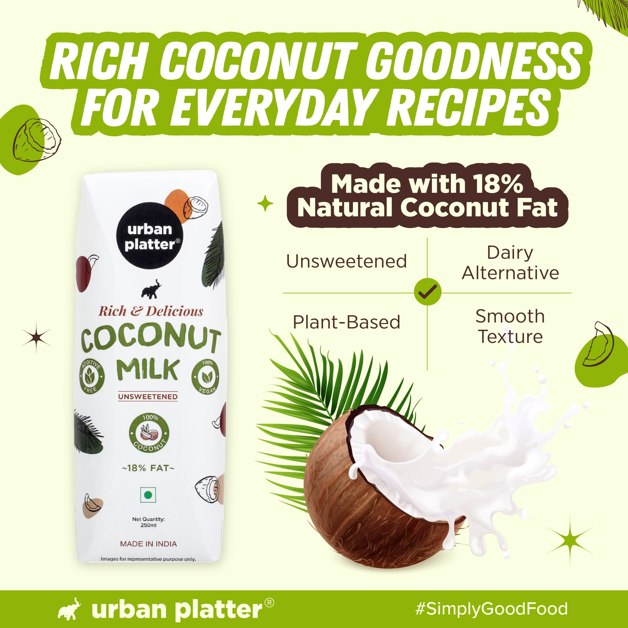 Urban Platter Unsweetened Coconut Milk 8.45 Fl Oz (Pack of 3) | Plant Based & Dairy Free | Creamy & Delicious | Ideal For Drinks, Curries, Pudding, Desserts, Baking Goods & More