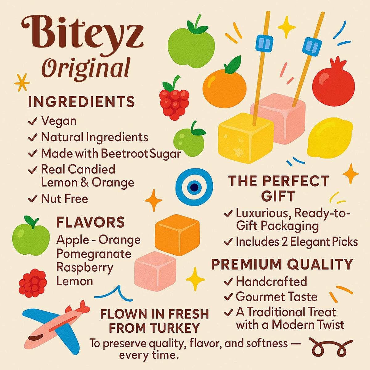 Biteyz Original Turkish Delight, Vegan Candy Gift Box - Assorted Gourmet Fruit Snacks with Lemon, Apple, Orange, Pomegranate, and Raspberry Flavors