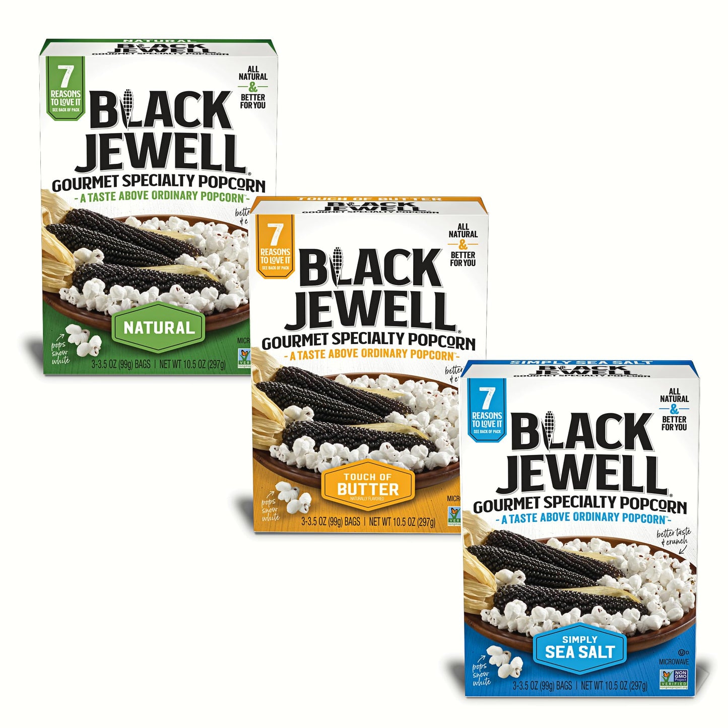 Black Jewell Gourmet Microwave Popcorn Variety Pack with Natural, Touch of Butter, and Simply Sea Salt (Pack of 3)