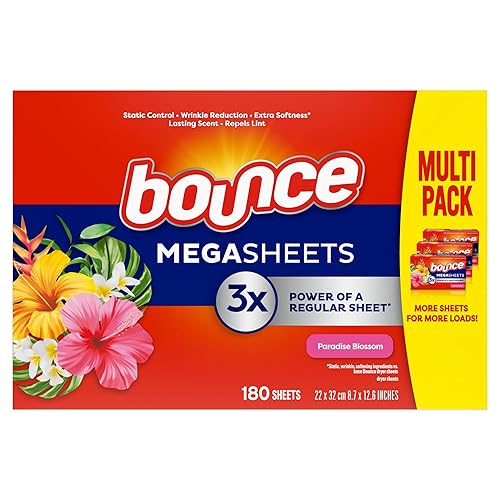Bounce Mega Dryer Sheets, Paradise Blossom, 180 Count, Mega Fabric Softener Sheets with Static Control, Wrinkle Reduction, Extra Softness, Lasting