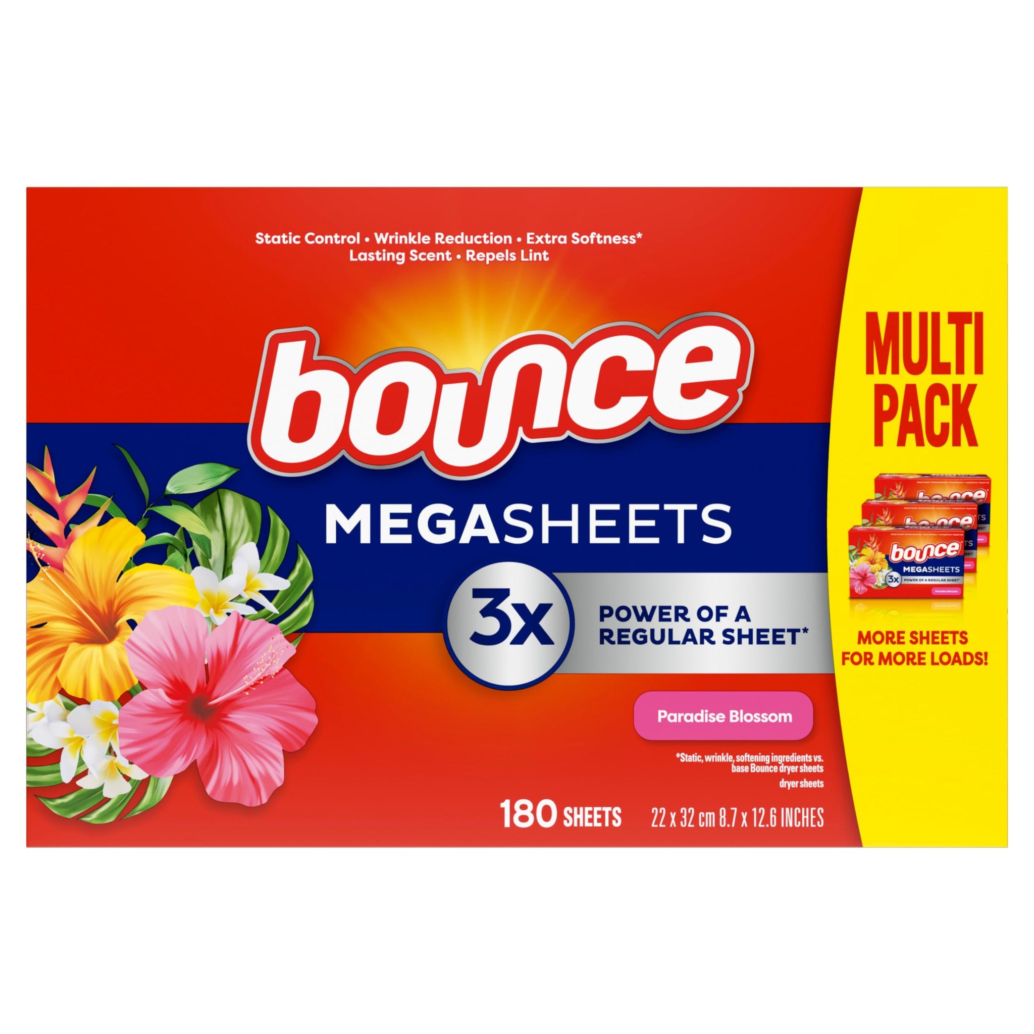 Bounce Mega Dryer Sheets, Paradise Blossom, 180 Count, Mega Fabric Softener Sheets with Static Control, Wrinkle Reduction, Extra Softness, Lasting