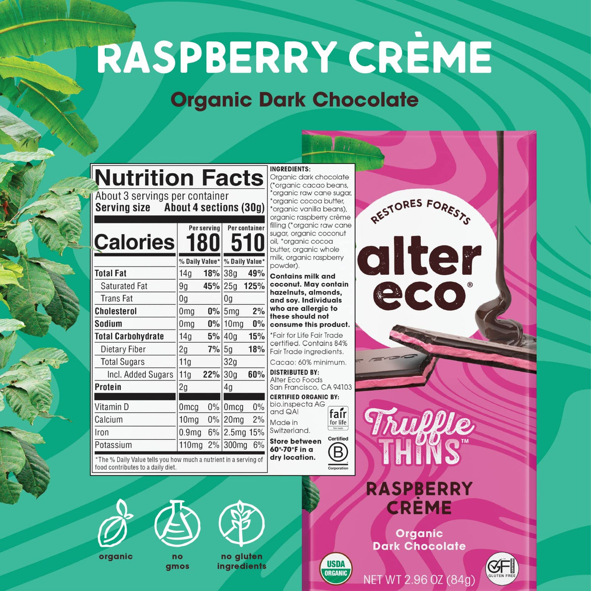 Alter Eco Raspberry Creme Truffle Thins, Chocolate Bar with Gooey Ganache Truffle Filling, Organic, Gluten & Soy-Free, Non-GMO Snacks, No Additives