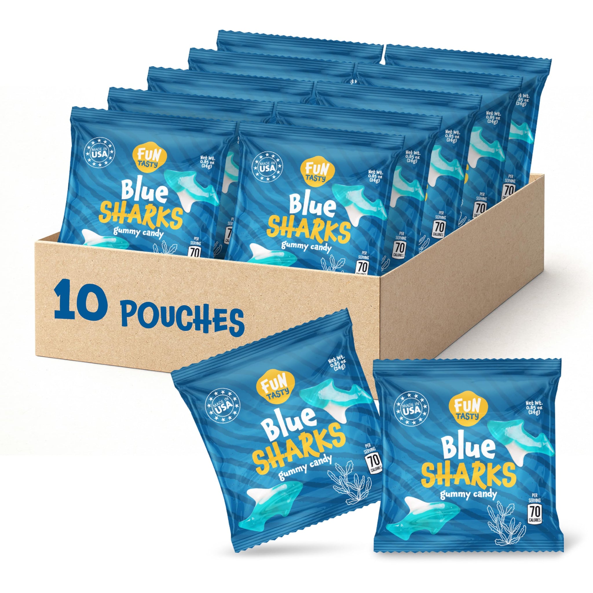 Gummy Sharks - 10 Packs - Blue Shark Gummies Individually Wrapped - Raspberry Marshmallow Flavor - Blue Candy for Goodie Bags, Gifting, Snacking