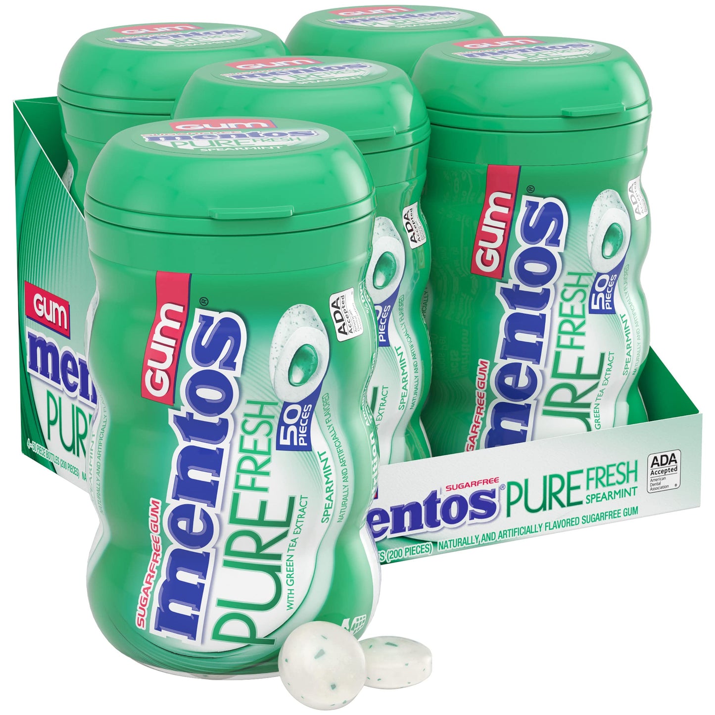 MENTOS Pure Fresh Sugar Free Gum, Spearmint, 50 Piece Bottle, Pack of 4