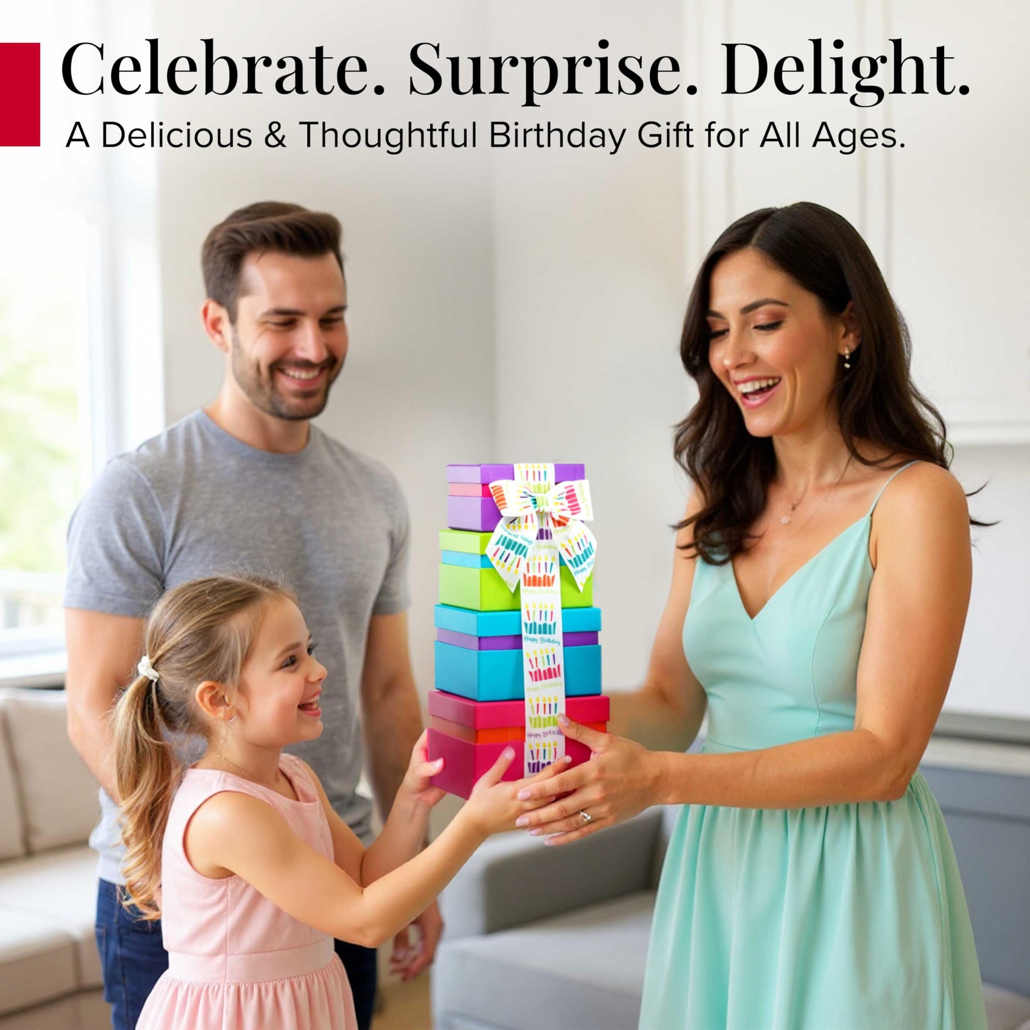 Broadway Basketeers Birthday Food Gift Basket 4 Box Tower - Snack Box, Sweet & Savory Treats for Parties, Best Wishes, Birthday Presents for Women