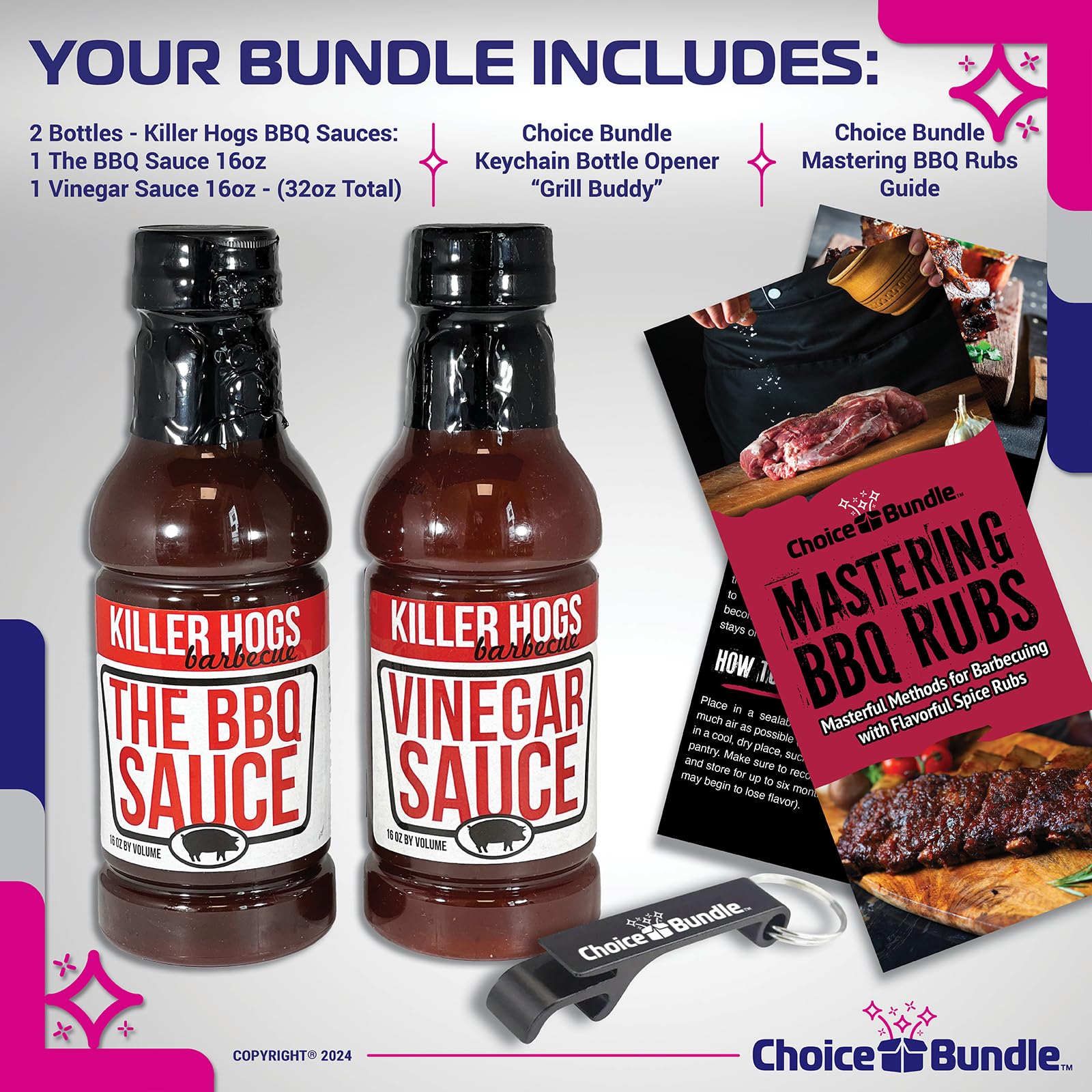 Killer Hogs The BBQ Sauce & Vinegar Sauce Premium 2 pk (32 oz) Great to Dip Toss Glaze & More + Barbecue Masters & Bottle Opener (4 Items)!