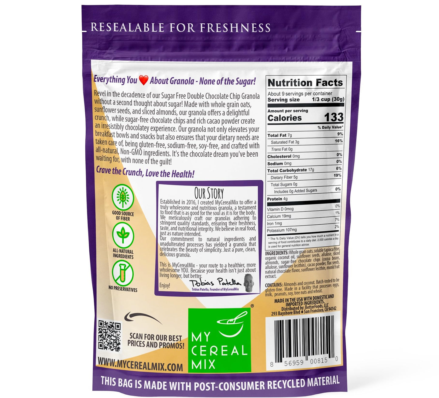 MyCerealMix Sugar Free Granola Double Chocolate Chip, 10oz Trial Size - Keto Diabetic Cereal, High Fiber Gluten Free Breakfast, Monk Fruit