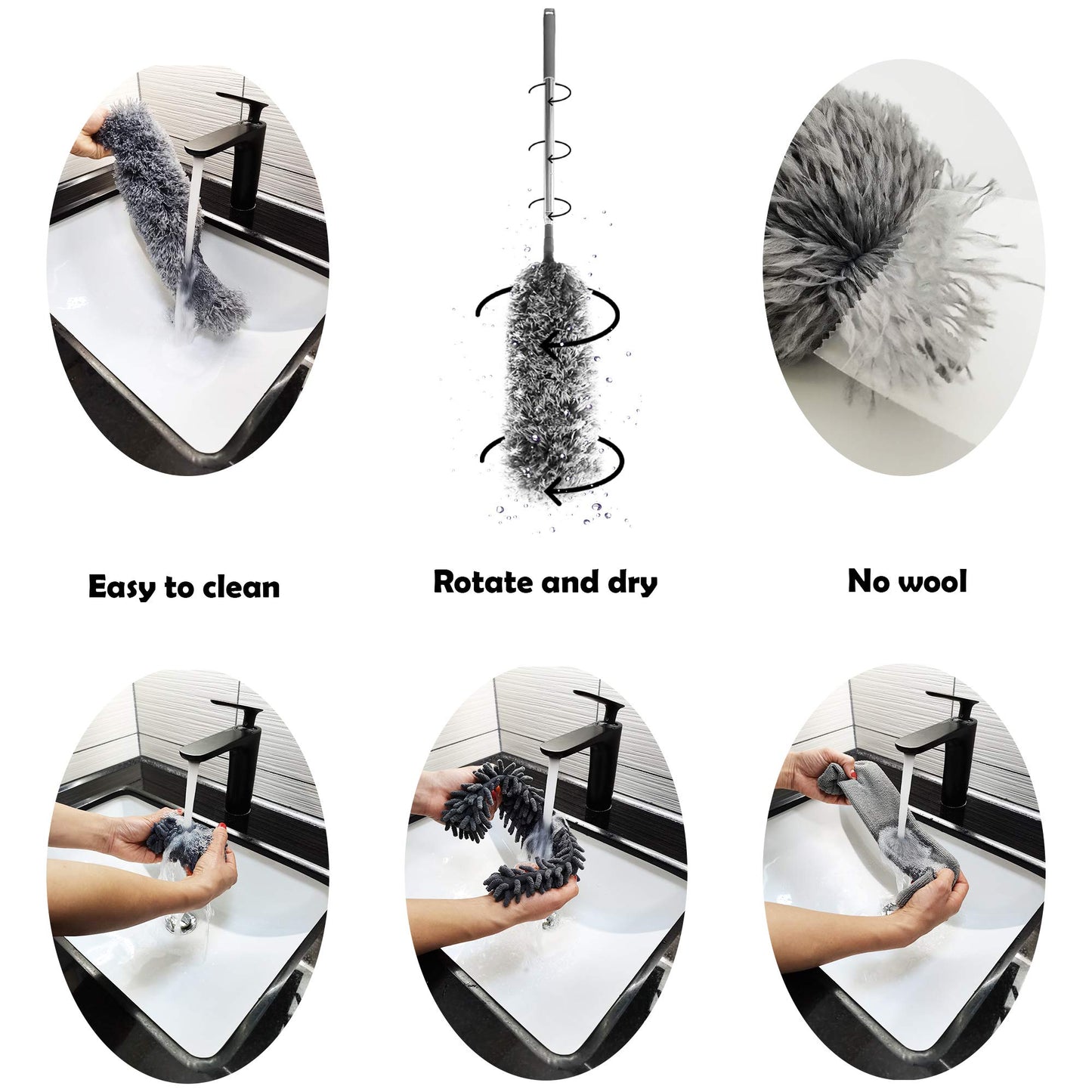 5-in-1 Microfiber Duster with Extension Pole (30-100") Kit for High Ceiling, Fan, Cobweb, Blind & Furniture, Bendable Washable Heads, Reusable Dusters