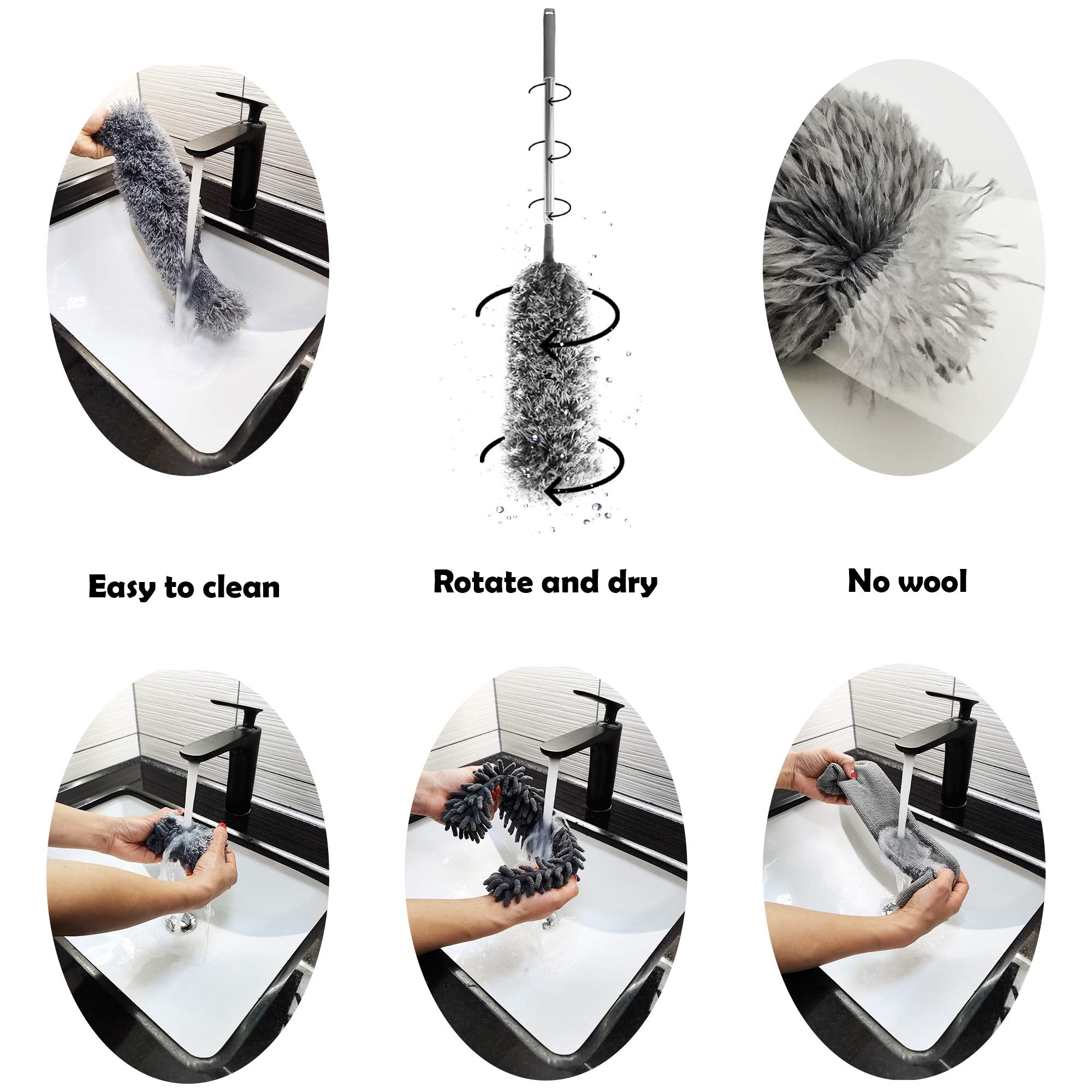 5-in-1 Microfiber Duster with Extension Pole (30-100") Kit for High Ceiling, Fan, Cobweb, Blind & Furniture, Bendable Washable Heads, Reusable Dusters